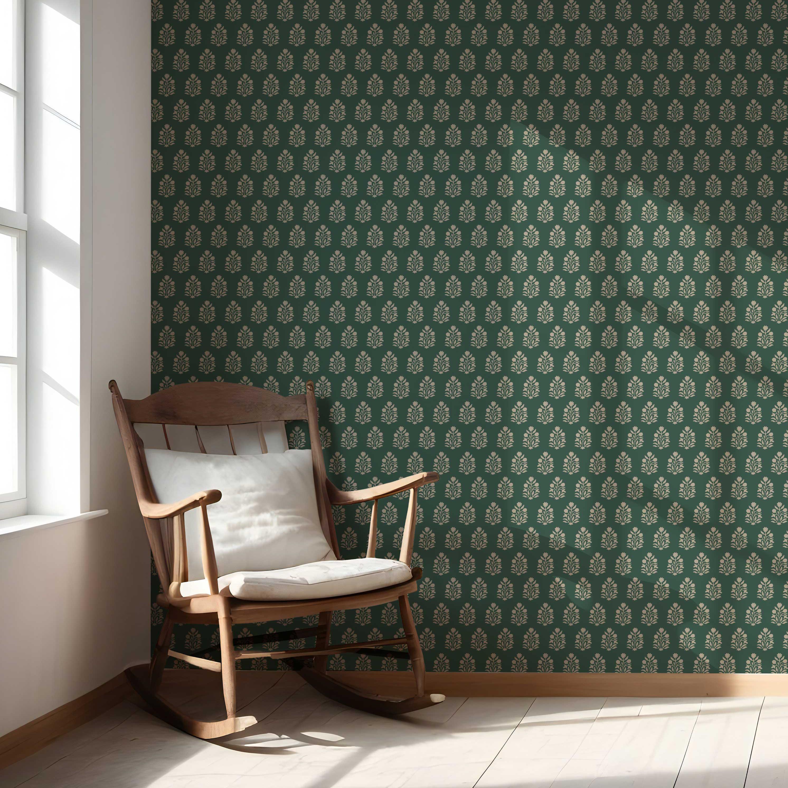 Vintage-Inspired Botanical Floral Block Print Nursery Wallpaper (Green/ Beige)
