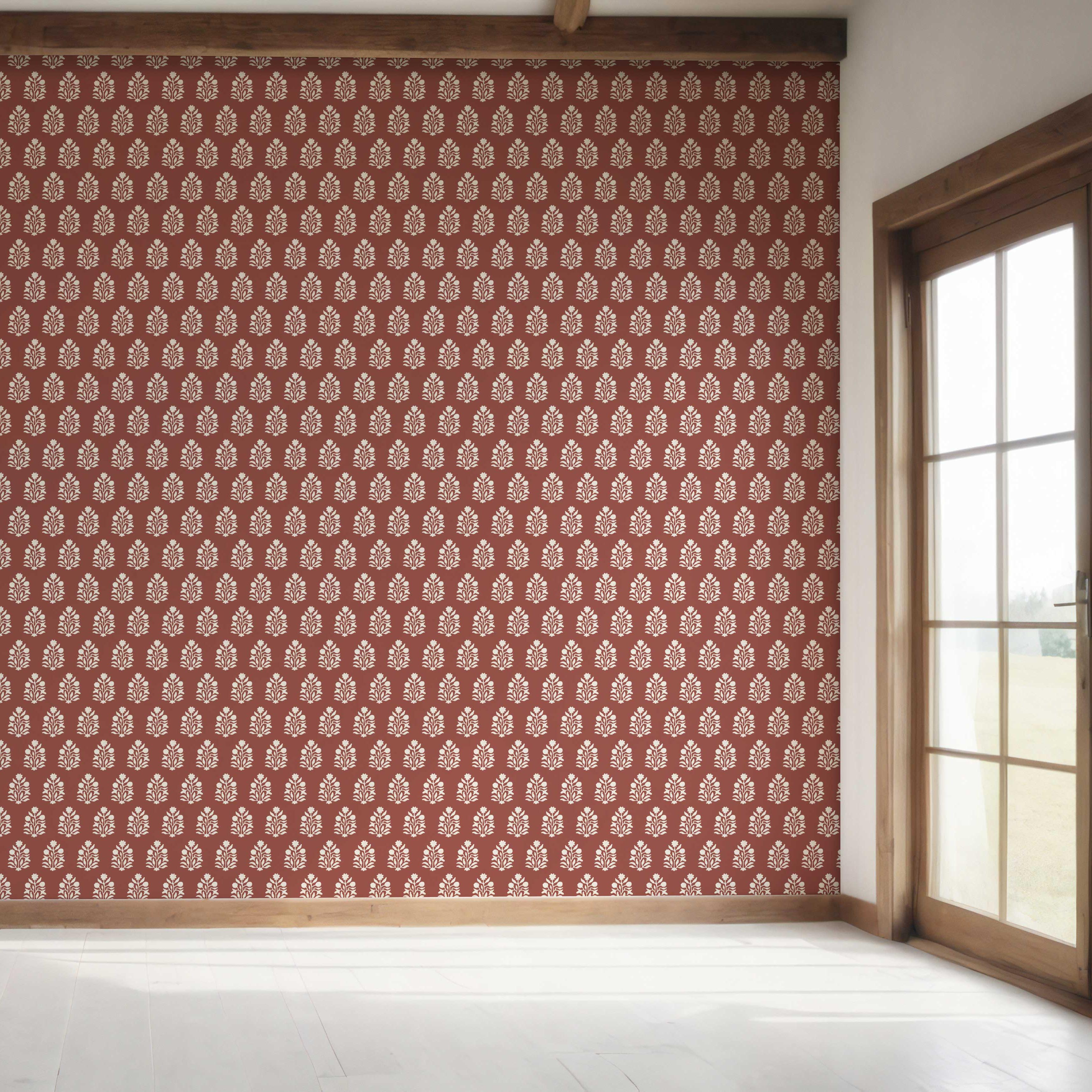 Vintage-Inspired Botanical Floral Block Print Bedroom Wallpaper (Brick Red/ White)