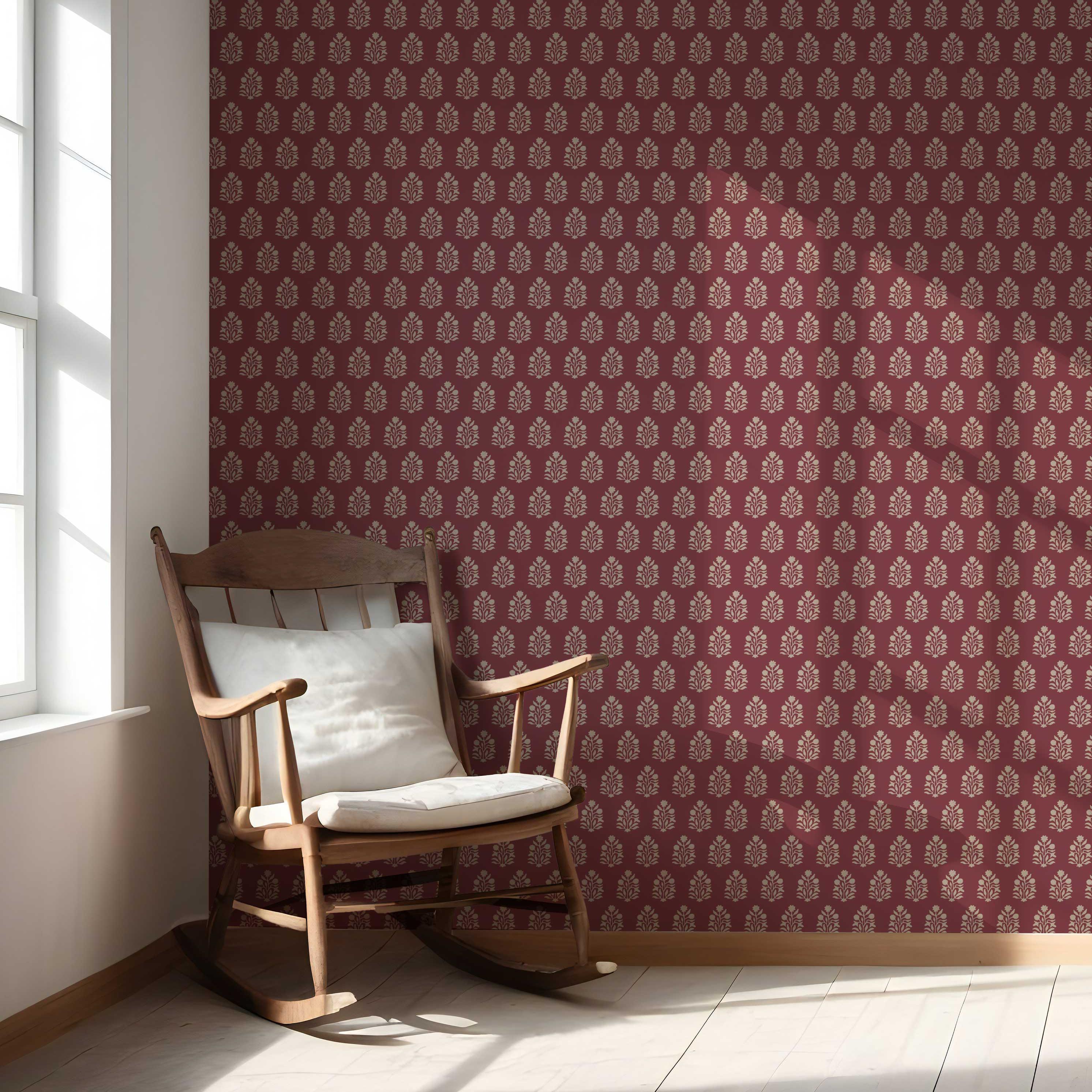 Vintage-Inspired Botanical Floral Block Print Nursery Wallpaper (Red/ Beige)