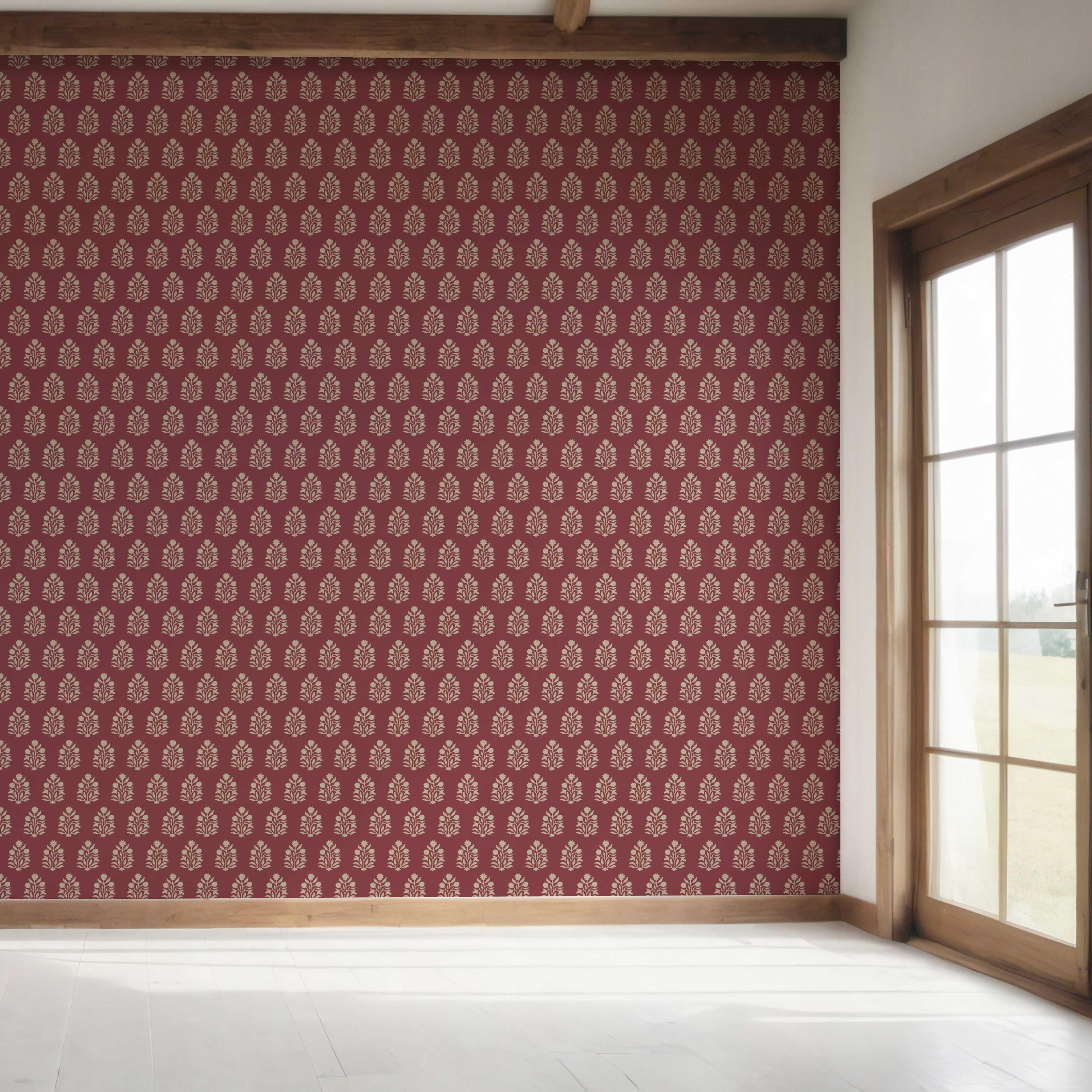 Vintage-Inspired Botanical Floral Block Print Bedroom Wallpaper (Red/ Beige)