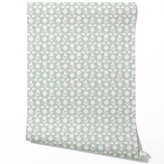 Modern Floral Botanical Traditional Wallpaper (Duck Egg Blue/ White)