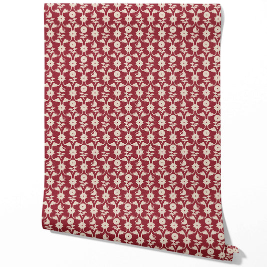 Modern Floral Botanical Traditional Wallpaper Sample (Deep Red/ Off-White)