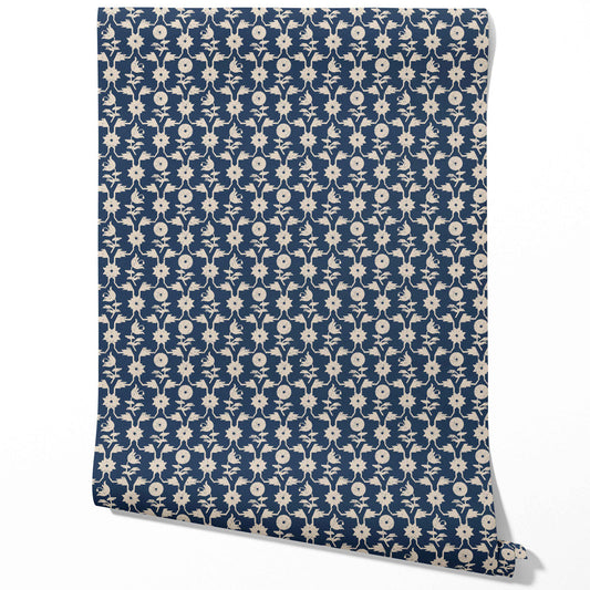 Modern Floral Botanical Traditional Wallpaper (Navy Blue/ Beige)