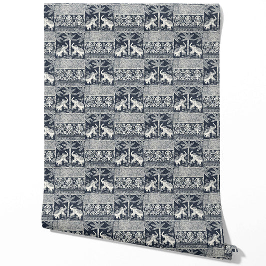 Ethnic/ Heritage Elephants & Animals Print Traditional Wallpaper (Navy Blue/ White)