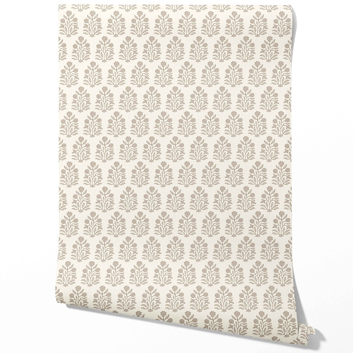 Neutral-Toned Botanical Floral Block Print Traditional Wallpaper (Brown/ Beige/ Cream)