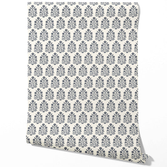 Vintage-Inspired Floral Block Print Traditional Wallpaper (Navy Blue/ Cream)