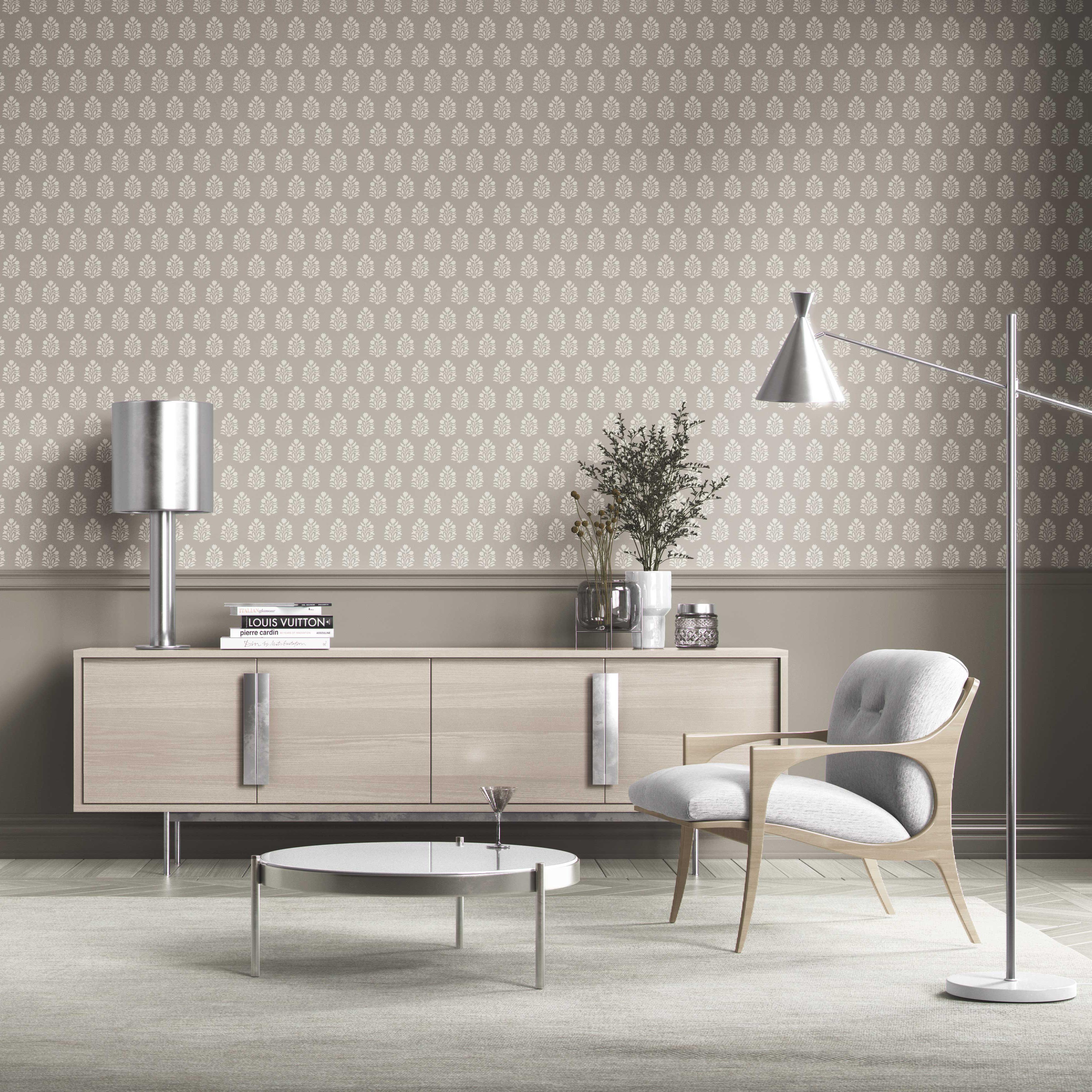 Neutral Botanical/ Floral Block Print Kitchen Wallpaper Sample (Gray/ Greige/ Cream)
