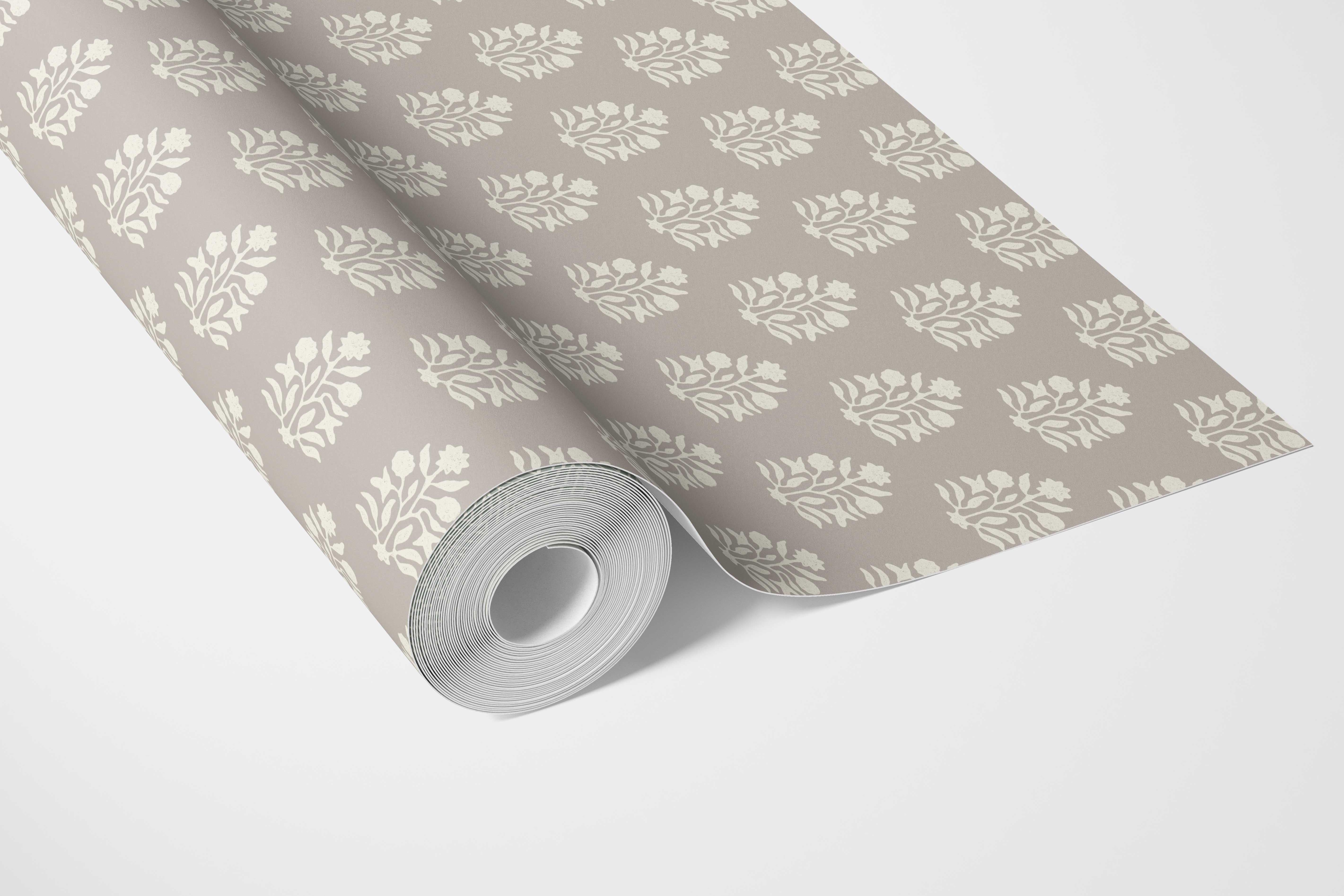 Neutral Botanical/ Floral Block Print Bathroom Wallpaper Sample (Gray/ Greige/ Cream)