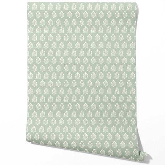 Vintage-Inspired Botanical Floral Block Print Traditional Wallpaper (Duck Egg Blue/ Cream)