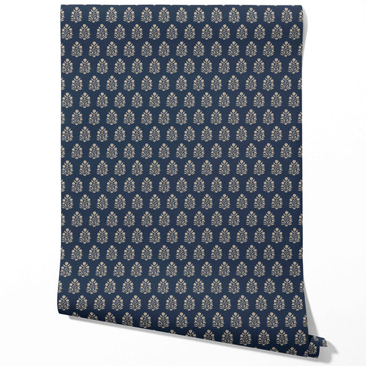 Vintage-Inspired Botanical Floral Block Print Traditional Wallpaper (Navy Blue/ Beige)