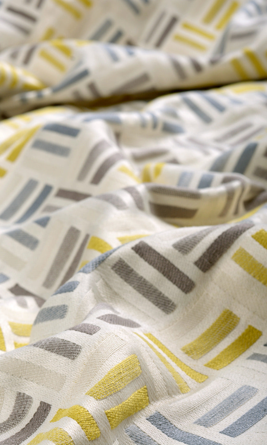 Geometric Fabric By the Metre for Curtains & Drapes (Yellow/ Steel Blue/ Grey)