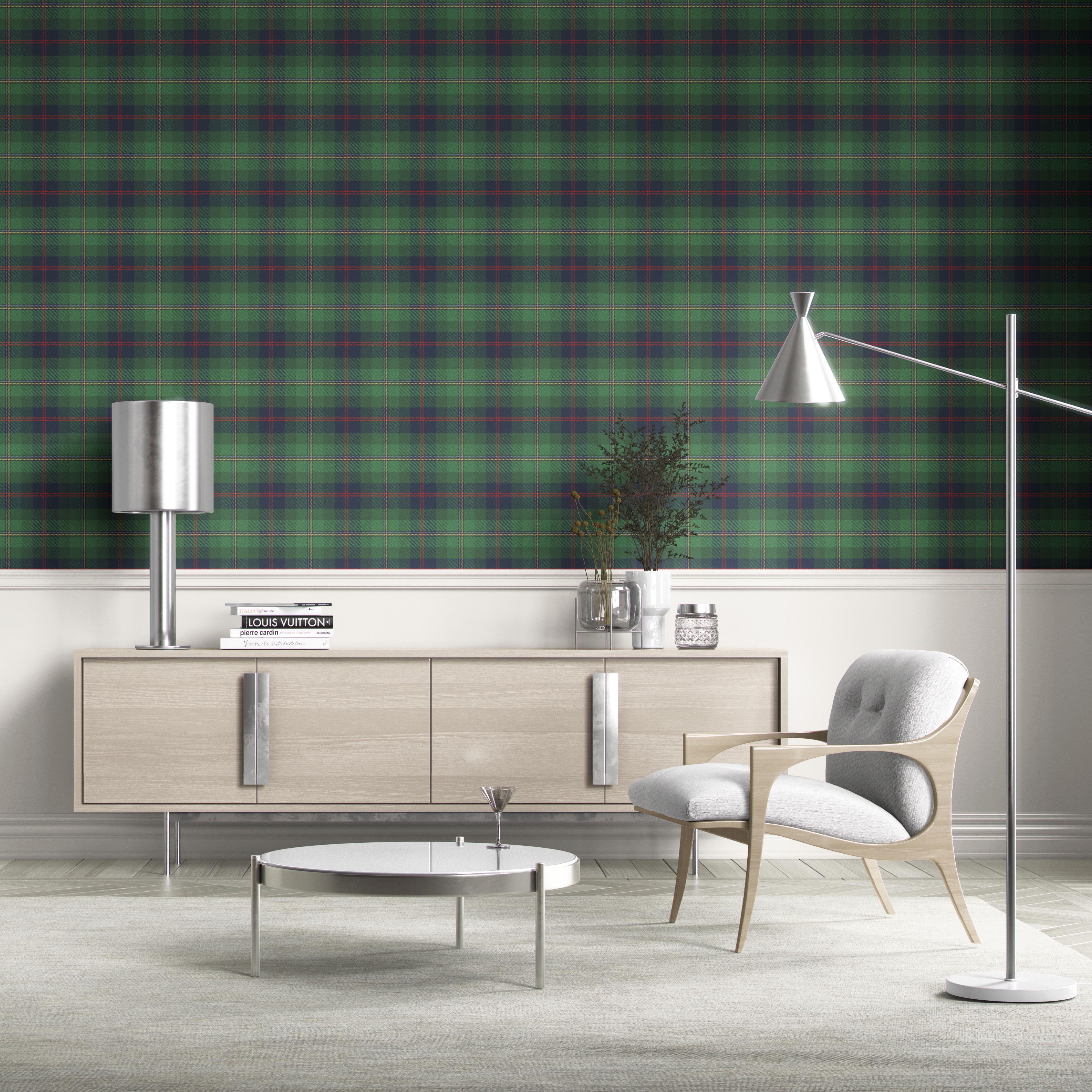 Geometric Plaid Checkered Kitchen Wallpaper Sample (Green/ Navy Blue/ Red/ Yellow)