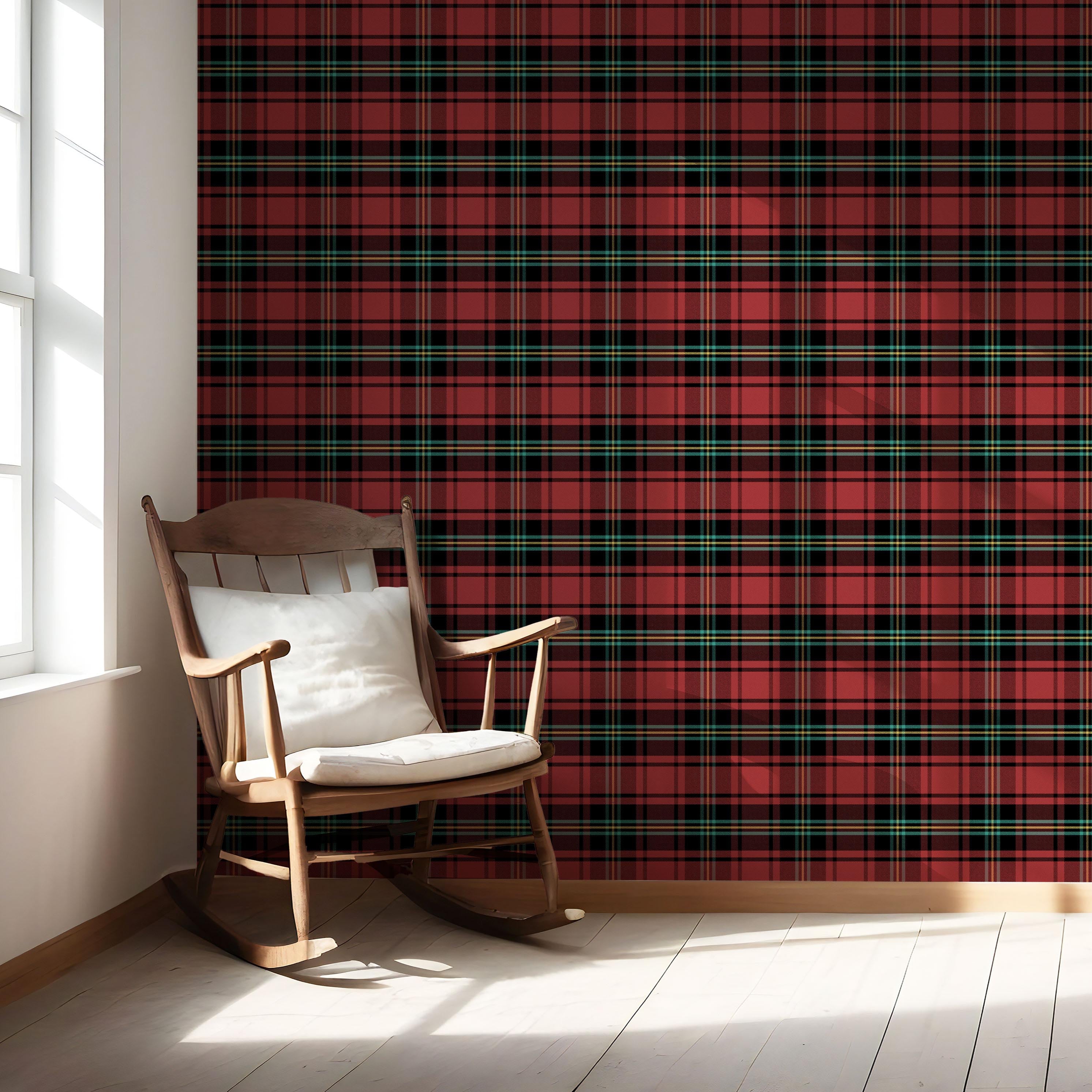 Geometric Plaid Checkered Nursery Wallpaper (Red/ Black/ Yellow/ Aqua)