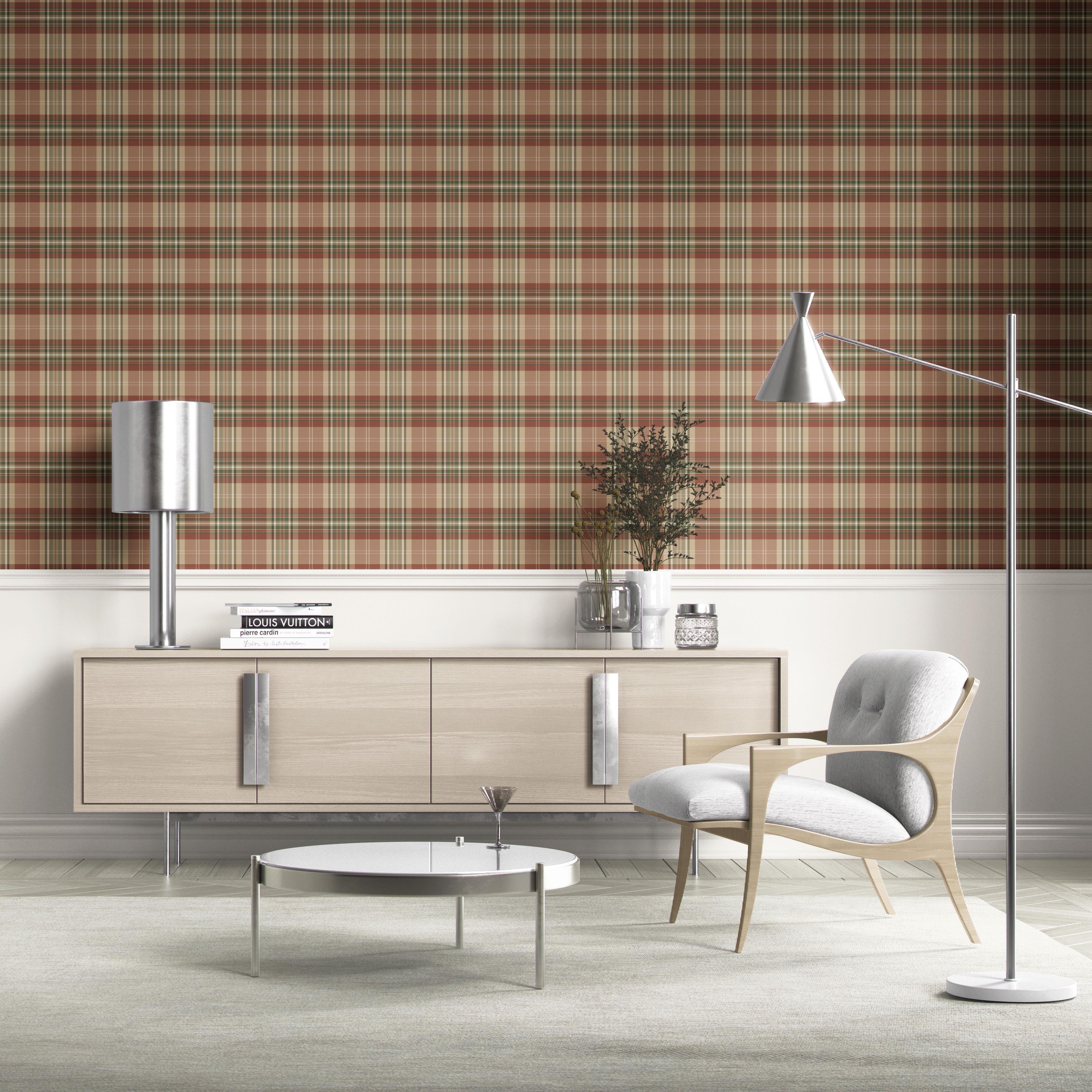 Geometric Plaid Checkered Kitchen Wallpaper Sample (Red/ Brown/ Beige/ Green)