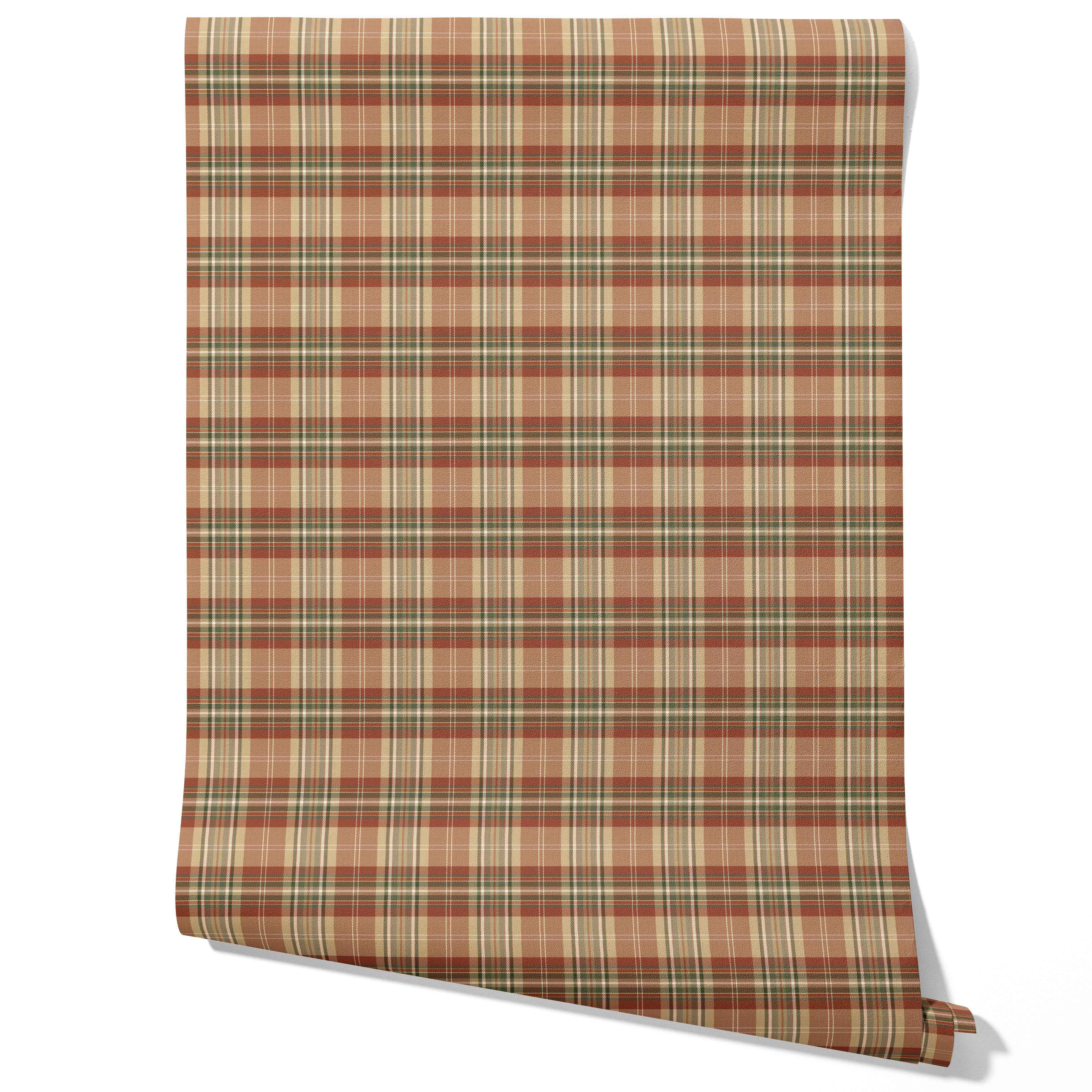 Geometric Plaid Checkered Traditional Wallpaper Sample (Red/ Brown/ Beige/ Green)