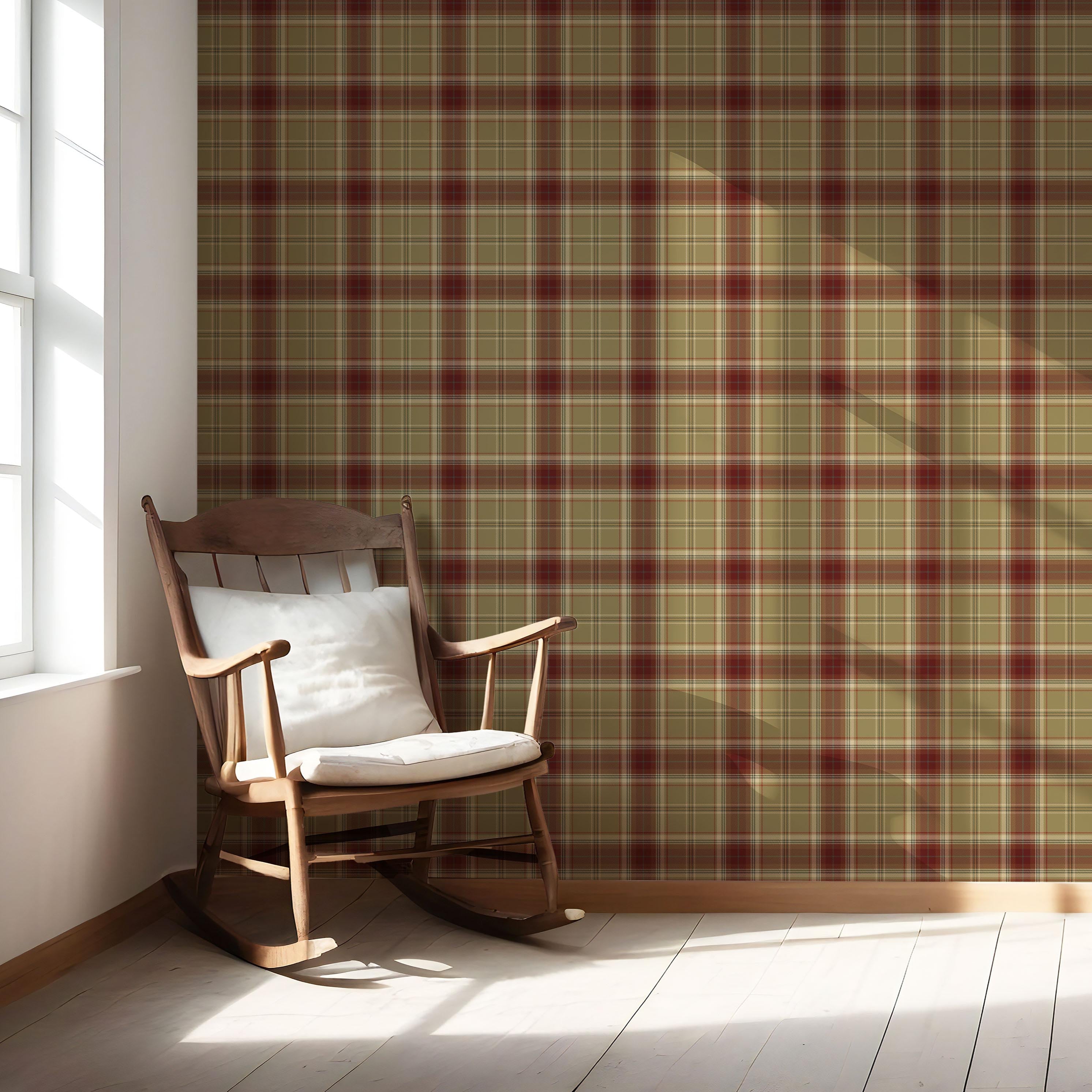 Geometric Plaid Checkered Nursery Wallpaper Sample (Olive Green/ Brown/ Red)