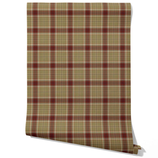 Geometric Plaid Checkered Traditional Wallpaper (Olive Green/ Brown/ Red)