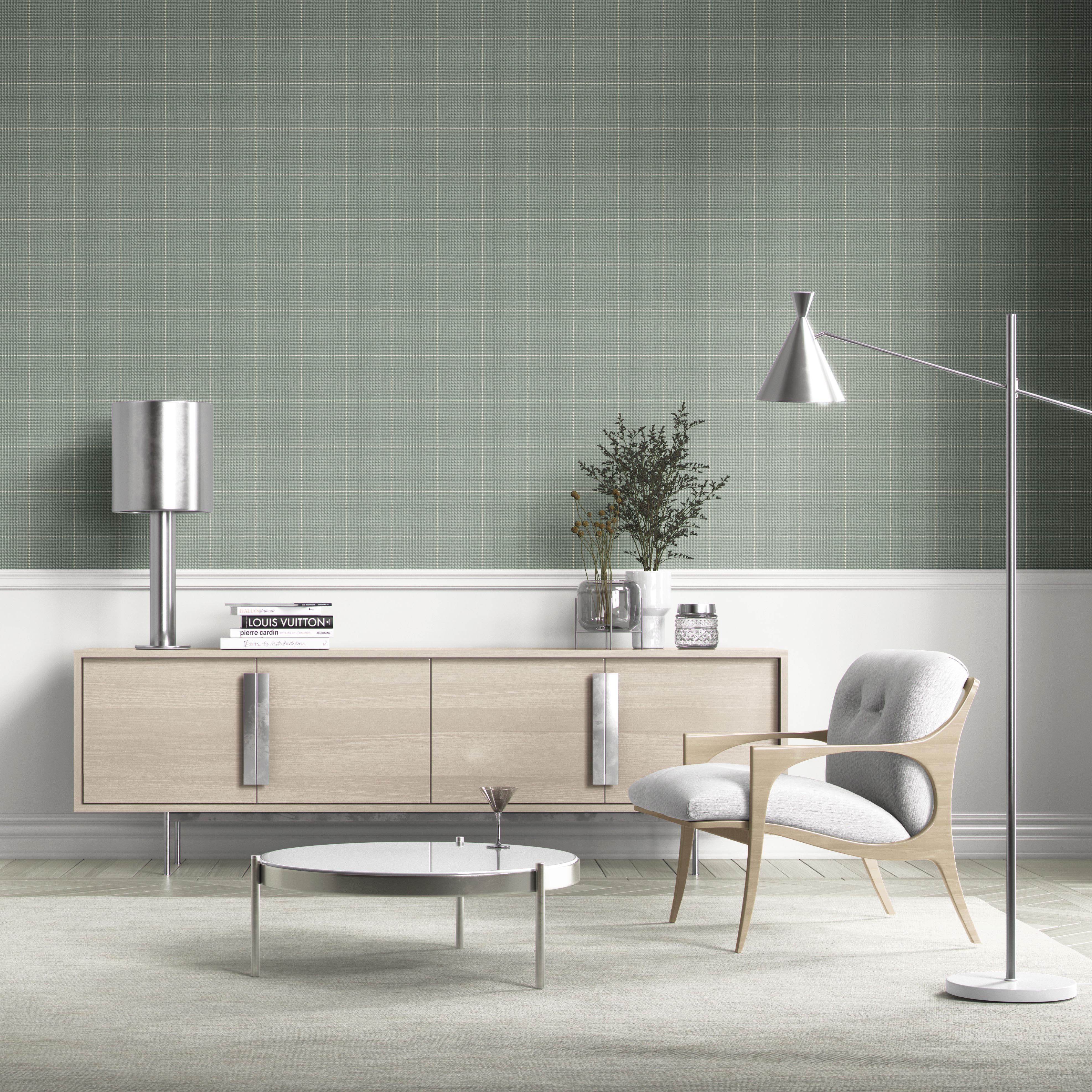 Plain/ Textured Check Kitchen Wallpaper Sample (Sage Green)