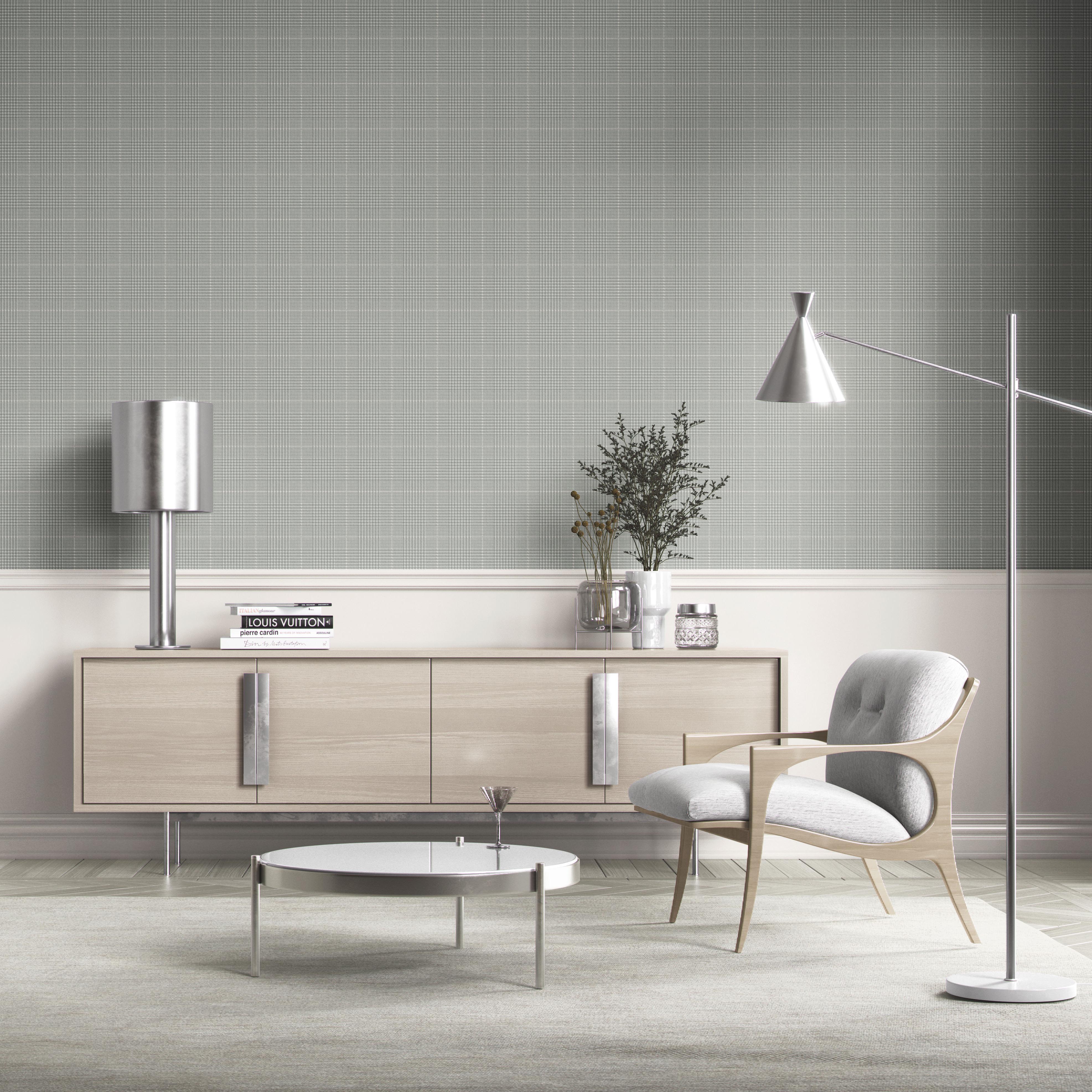 Neutral Plain/ Textured Check Kitchen Wallpaper Sample (Sage Gray)