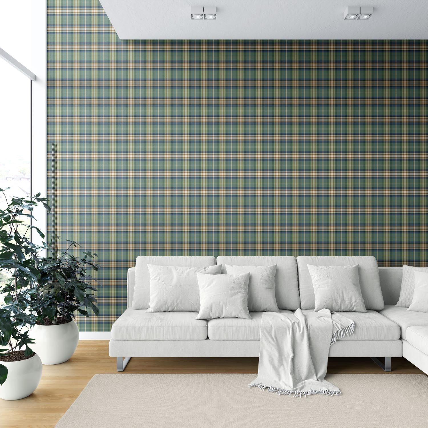 Geometric Plaid Checkered Shower Toilet Wallpaper Sample (Green/ Blue/ Beige/ Brown)