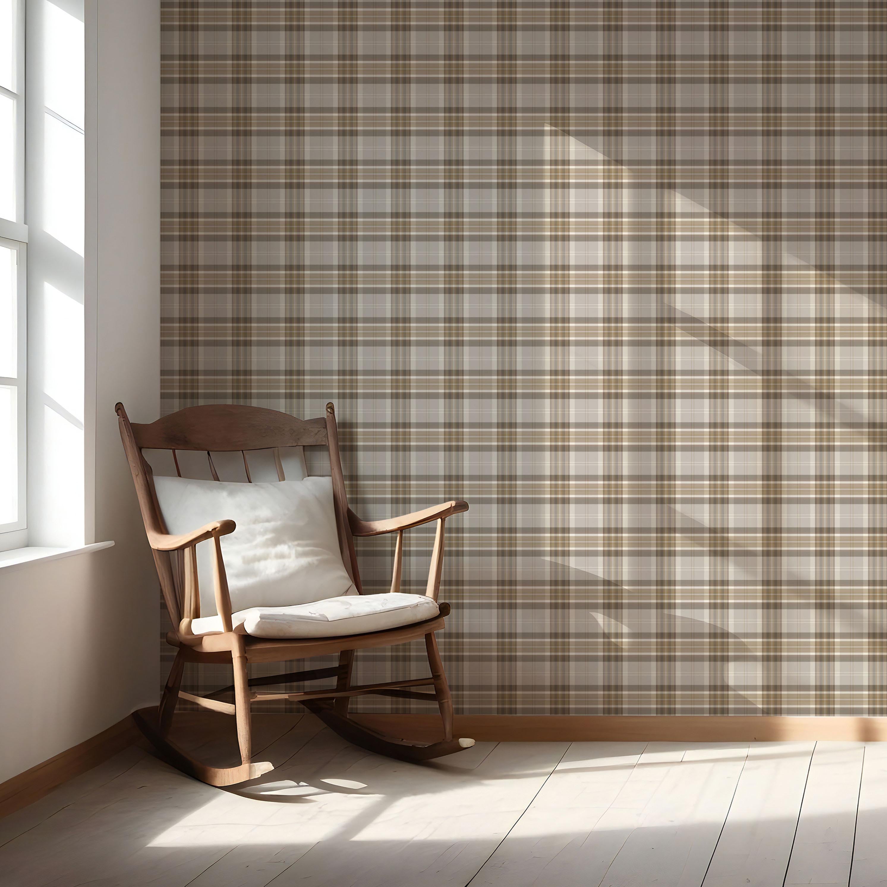 Neutral Geometric Plaid Checkered Nursery Wallpaper (Beige/ Greige/ Taupe)