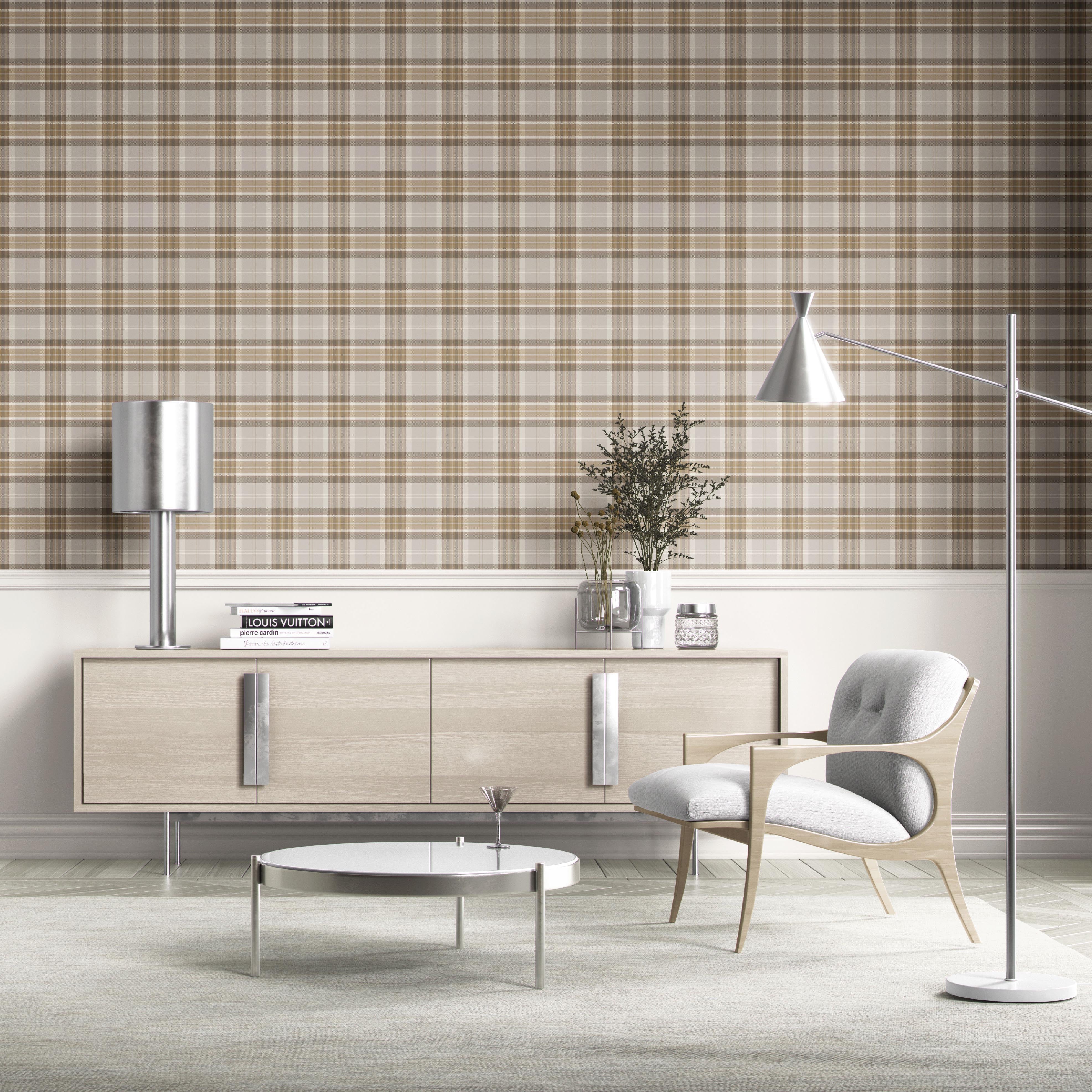 Neutral Geometric Plaid Checkered Kitchen Wallpaper (Beige/ Greige/ Taupe)