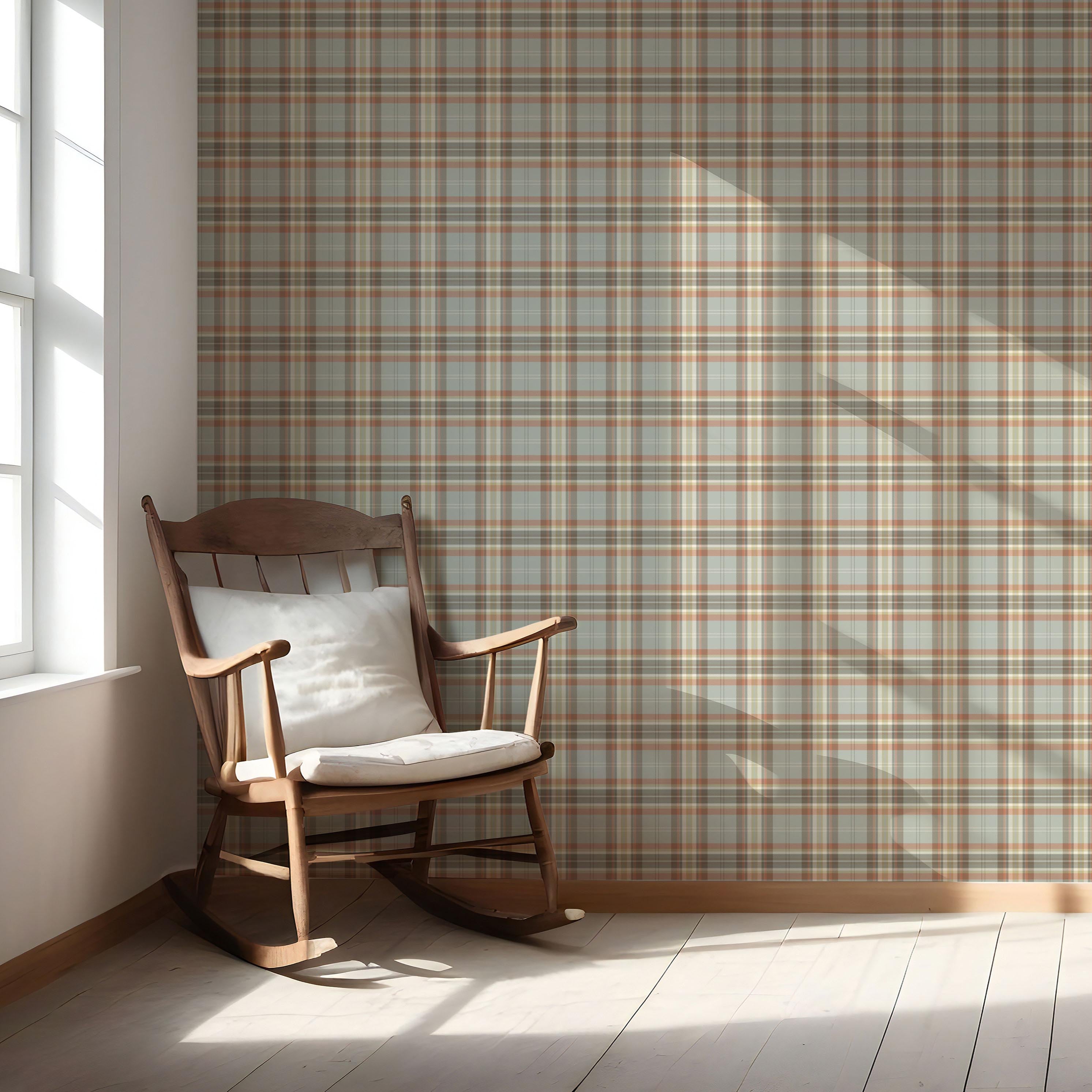 Geometric Plaid Checkered Nursery Wallpaper Sample (Orange/ Sage Gray/ Brown/ Cream)