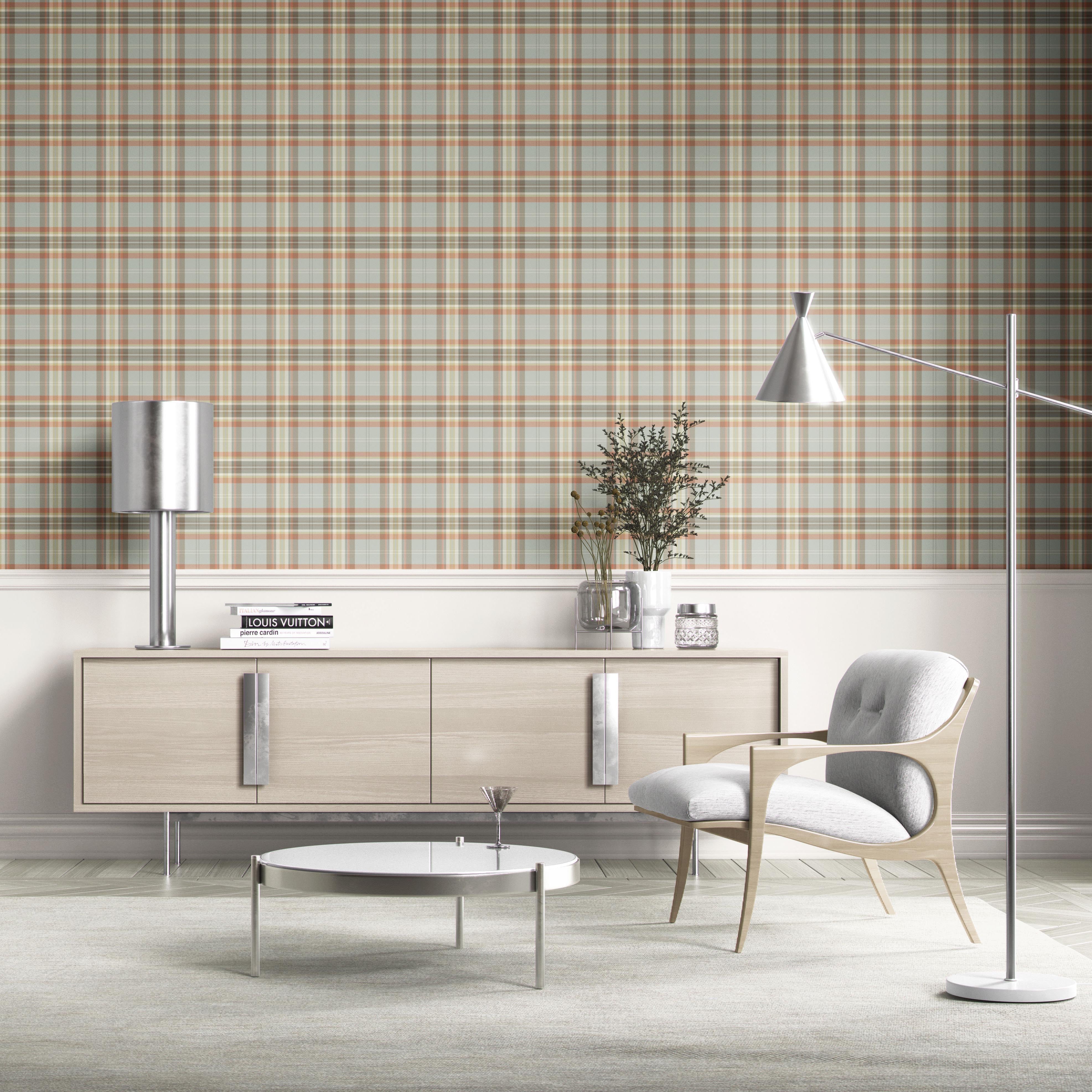 Geometric Plaid Checkered Kitchen Wallpaper (Orange/ Sage Gray/ Brown/ Cream)