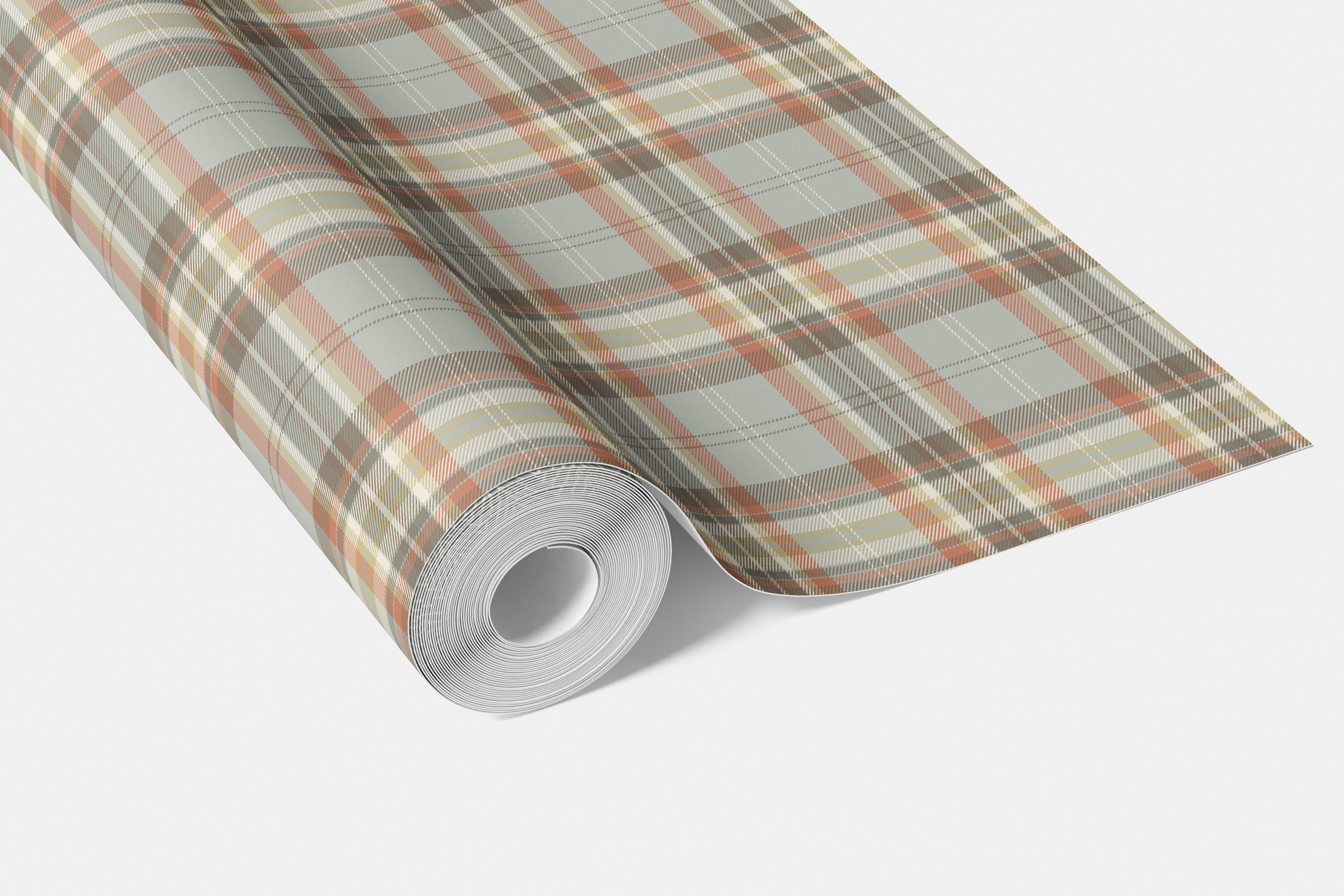 Geometric Plaid Checkered Bathroom Wallpaper (Orange/ Sage Gray/ Brown/ Cream)