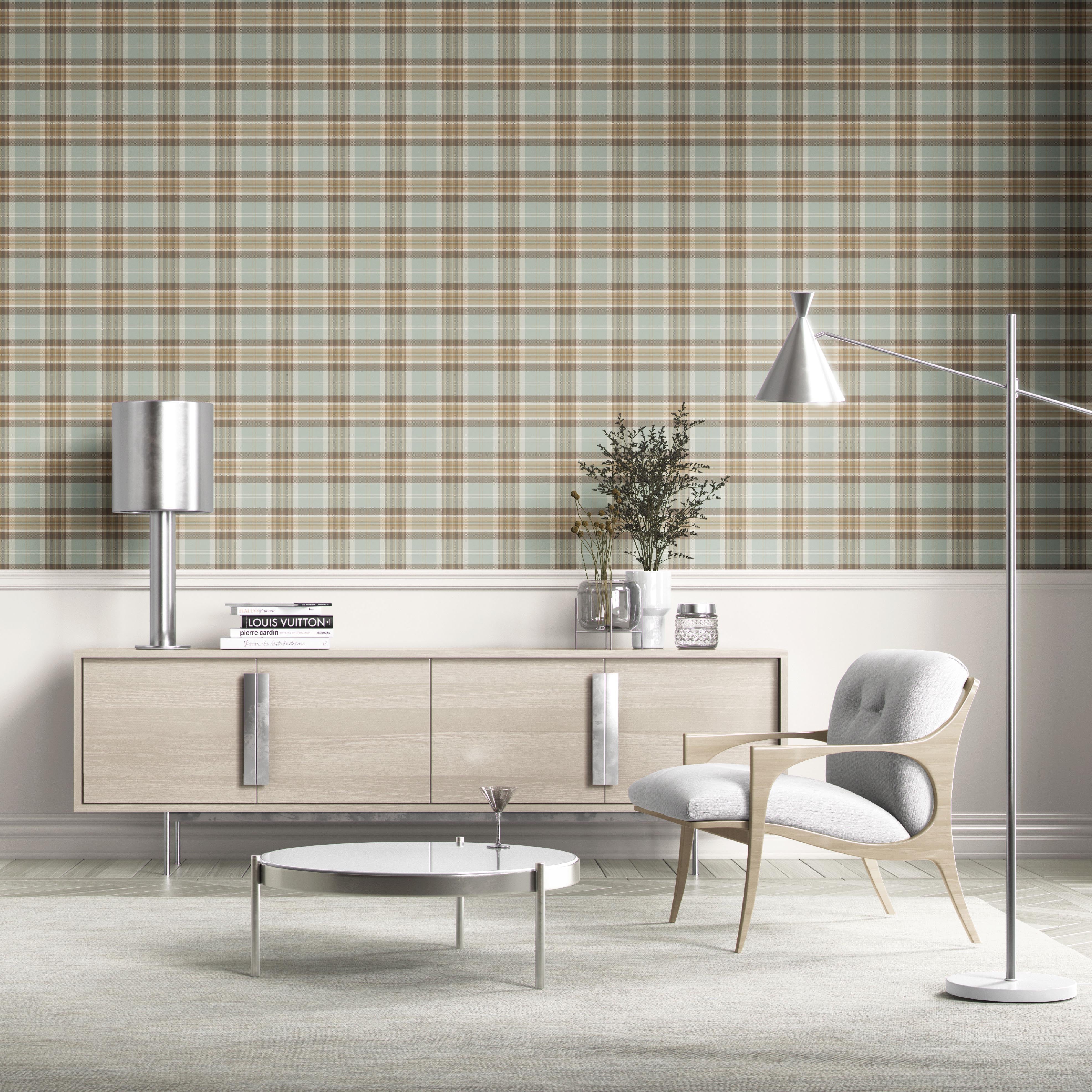 Geometric Plaid Checkered Kitchen Wallpaper (Gray-Green/ Brown/ Beige/ Cream)