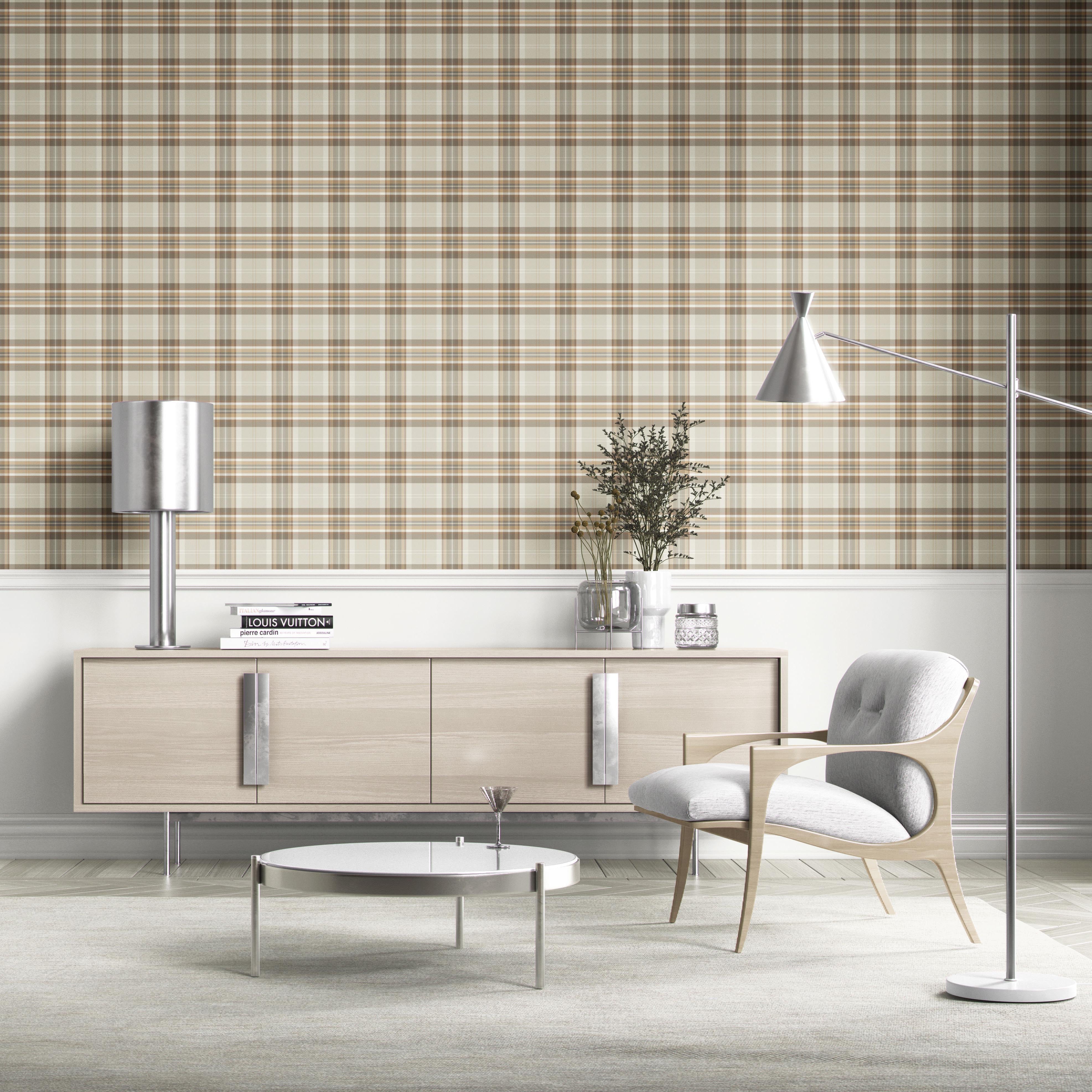 Neutral Geometric Plaid Checkered Kitchen Wallpaper Sample (Greige/ Brown/ Cream/ Warm Gray)