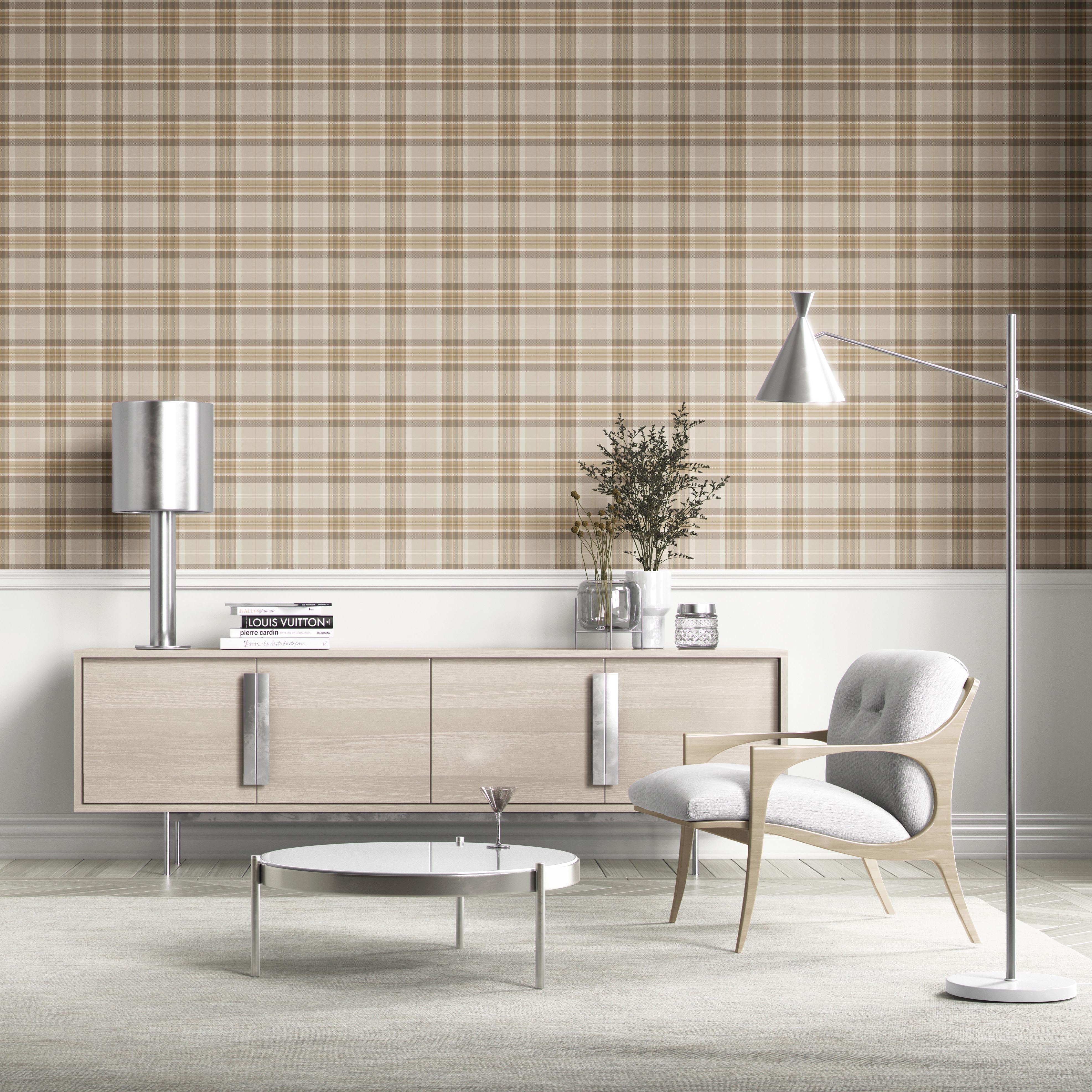 Neutral Geometric Plaid Checkered Kitchen Wallpaper (Warm Taupe/ Beige/ Brown/ Cream)