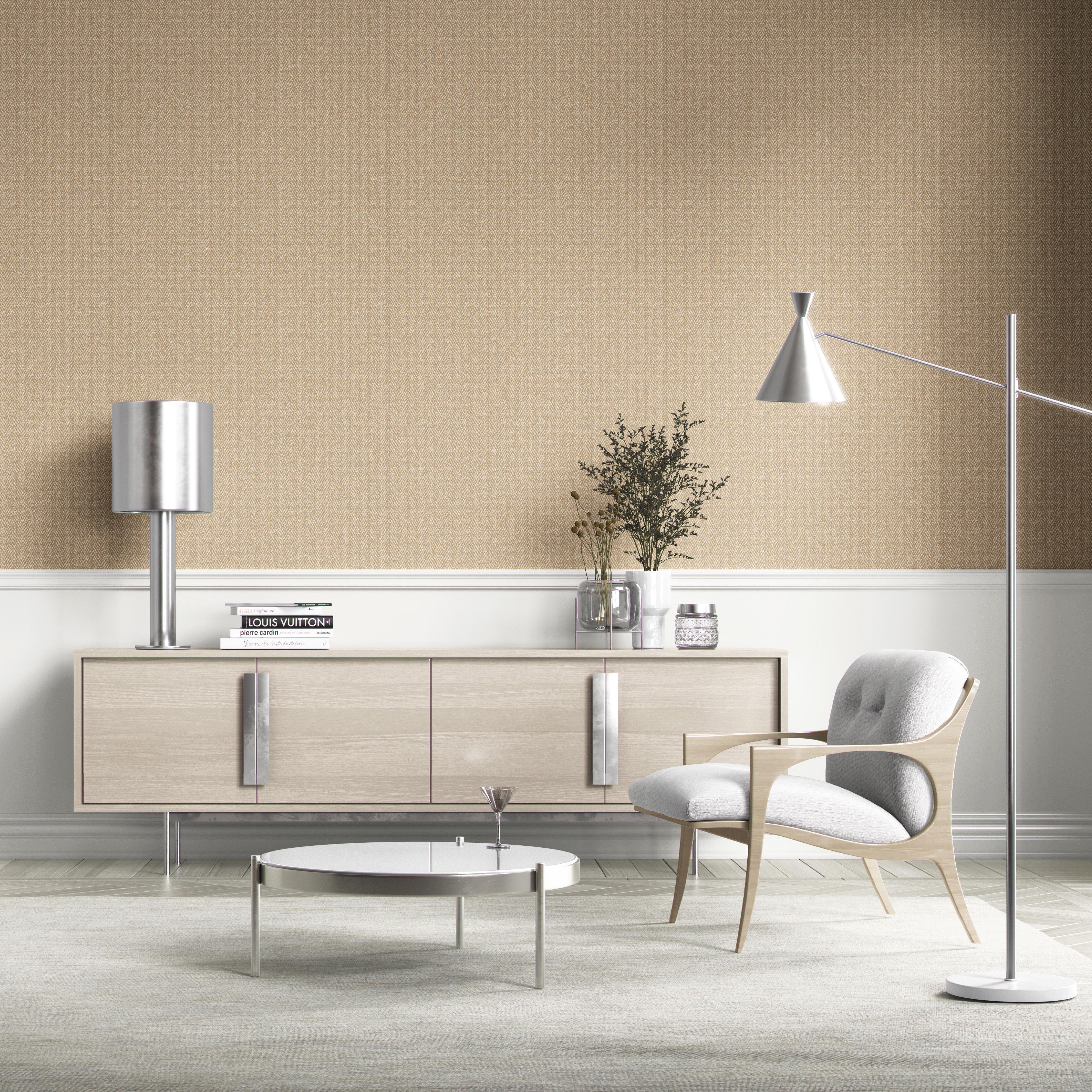 Neutral Herringbone Textured Kitchen Wallpaper (Gold Beige/ Khaki)