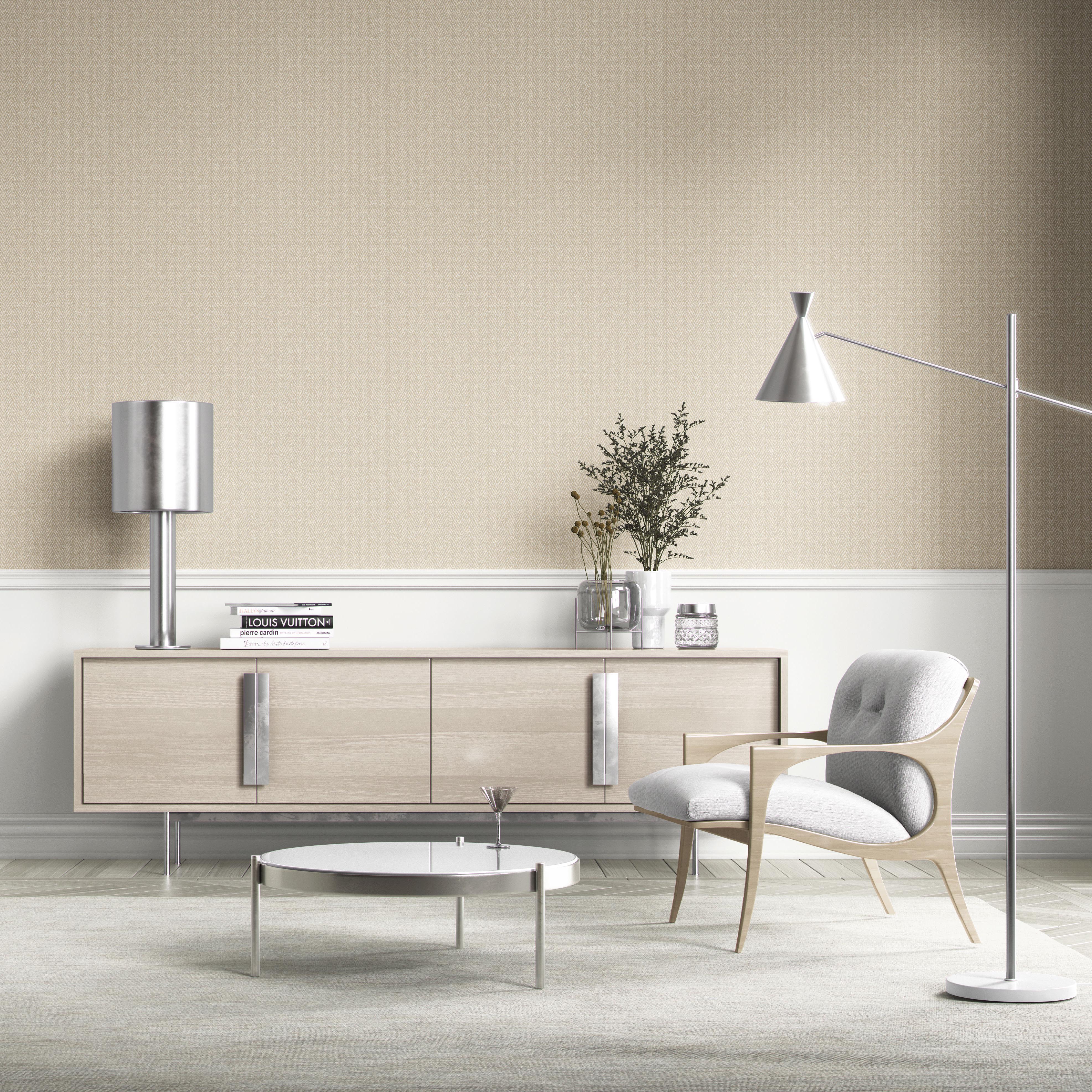 Neutral Herringbone Textured Kitchen Wallpaper (Light Beige)
