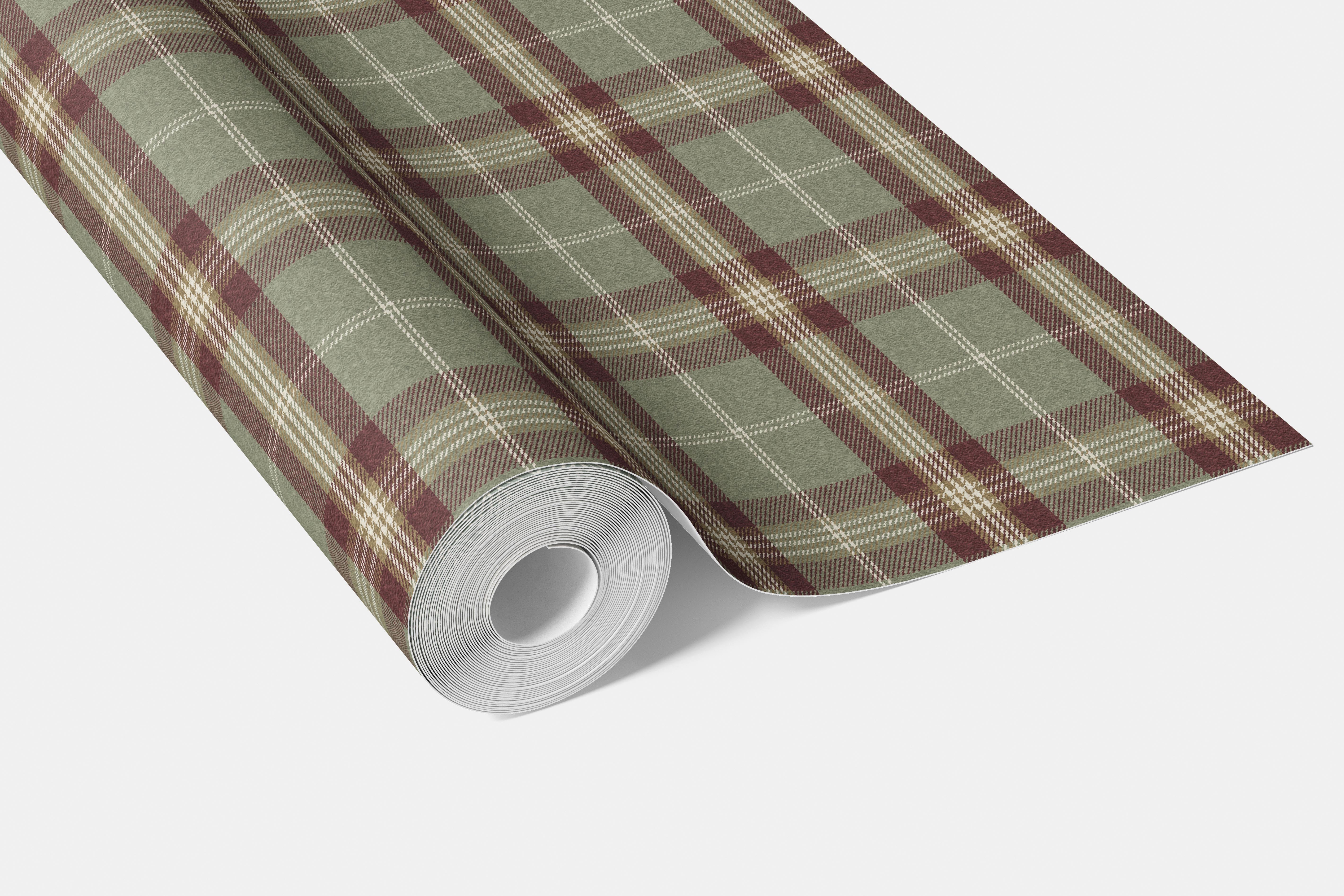 Geometric Plaid Checkered Bathroom Wallpaper (Olive Green/ Red/ Beige)