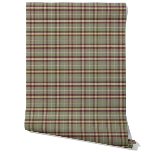 Geometric Plaid Checkered Traditional Wallpaper (Olive Green/ Red/ Beige)