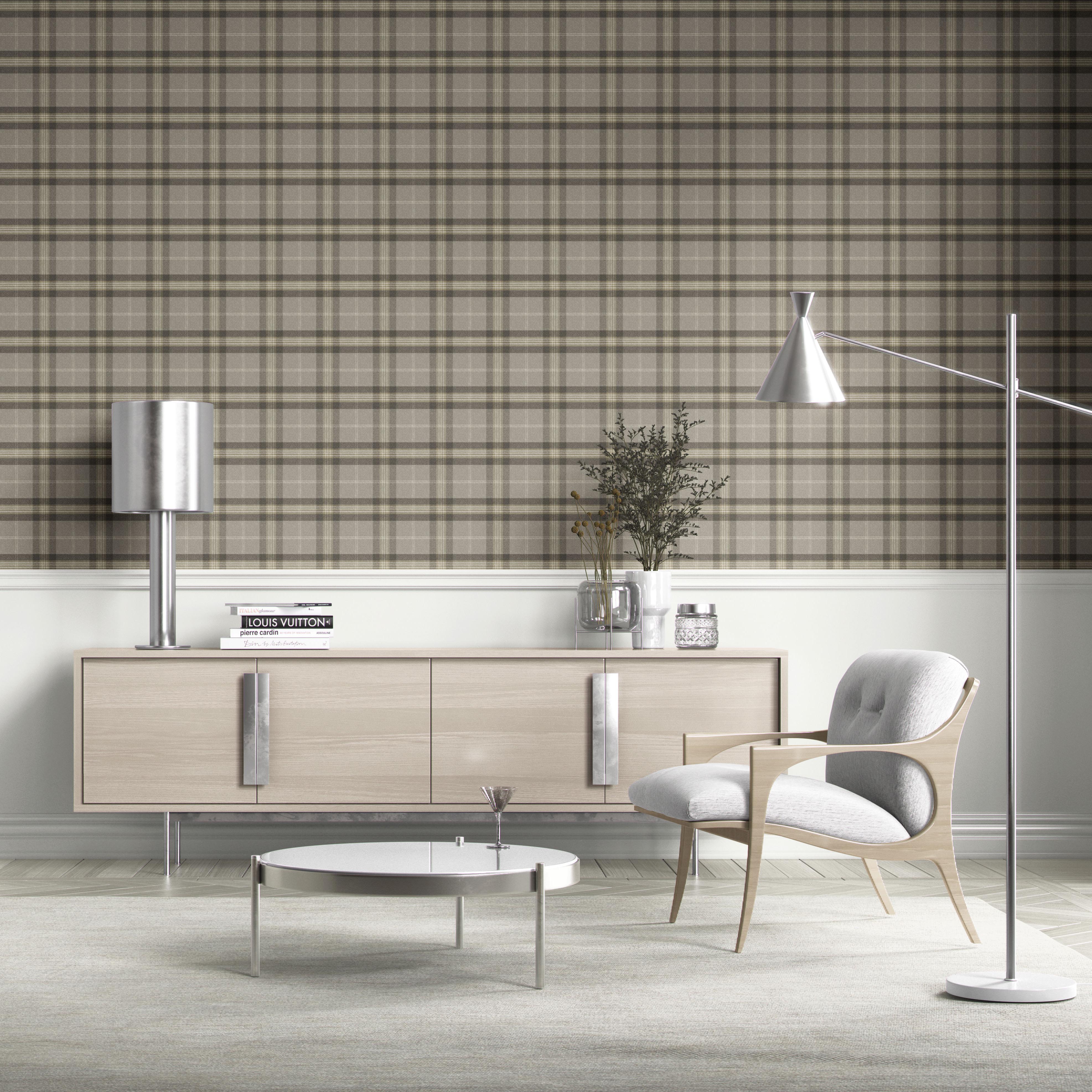 Geometric Plaid Checkered Kitchen Wallpaper Sample (Gray/ Cedar Brown)