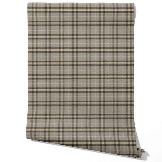 Geometric Plaid Checkered Traditional Wallpaper (Gray/ Cedar Brown)