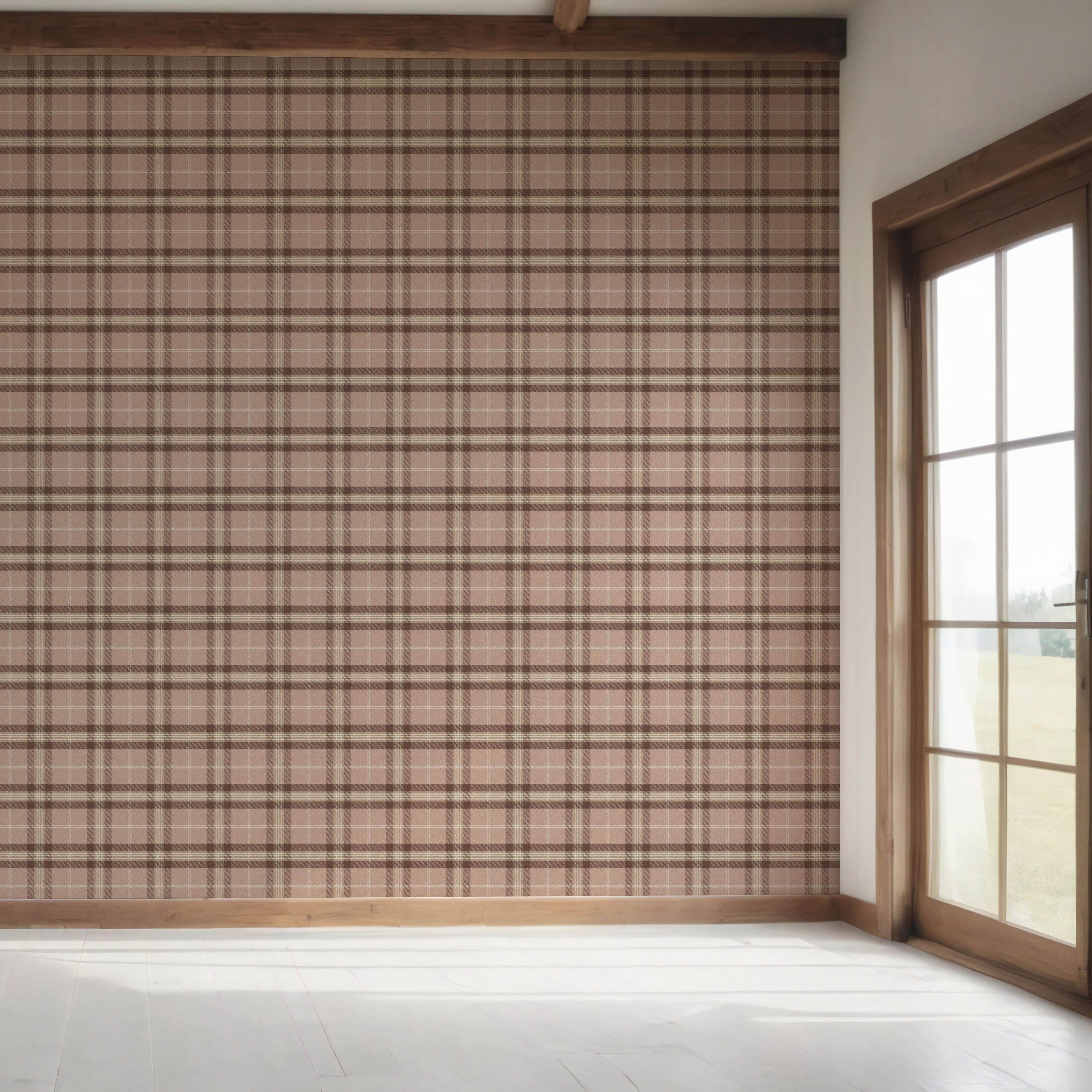 Geometric Plaid Checkered Bedroom Wallpaper Sample (Blush Rose Pink/ Brown/ Beige)