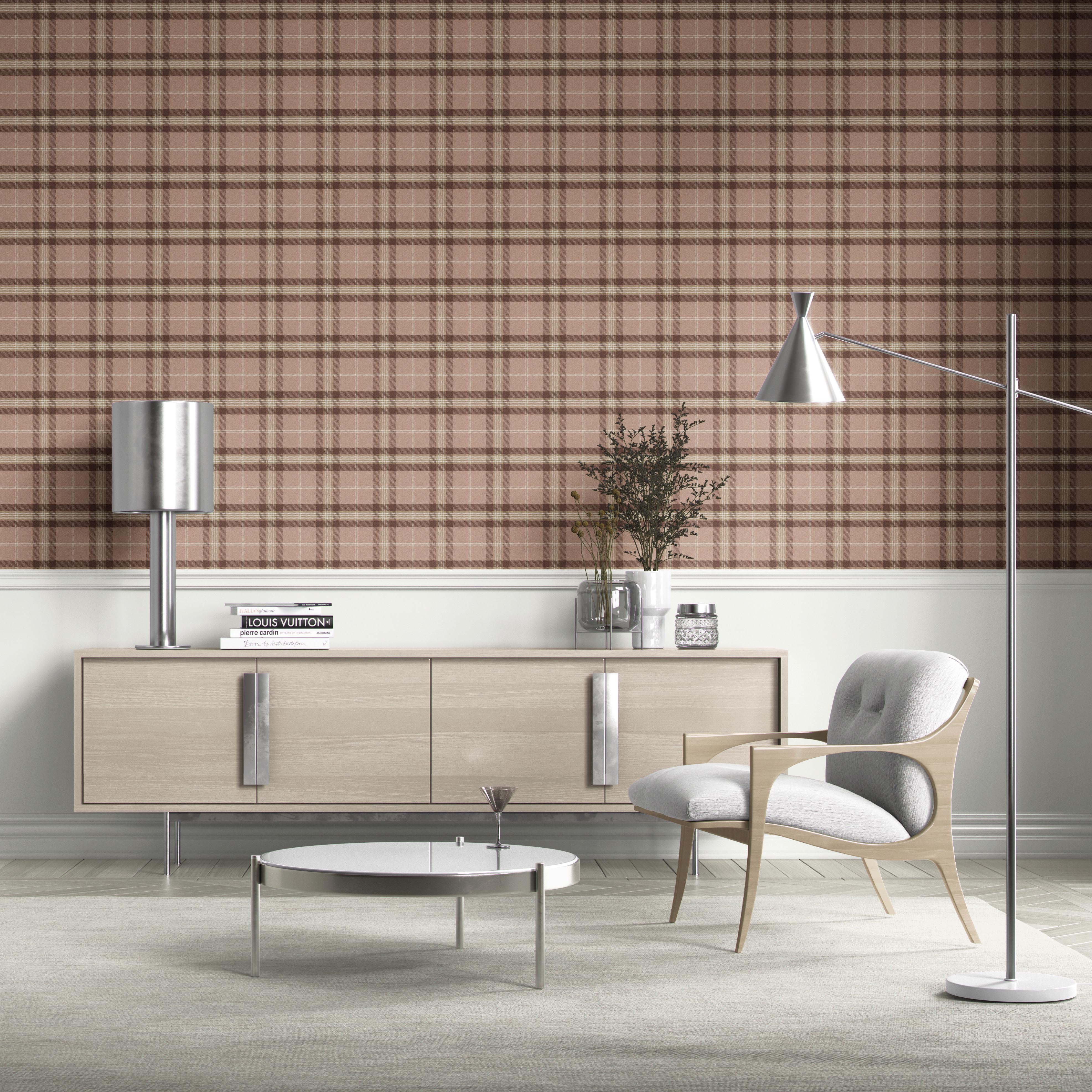 Geometric Plaid Checkered Kitchen Wallpaper (Blush Rose Pink/ Brown/ Beige)