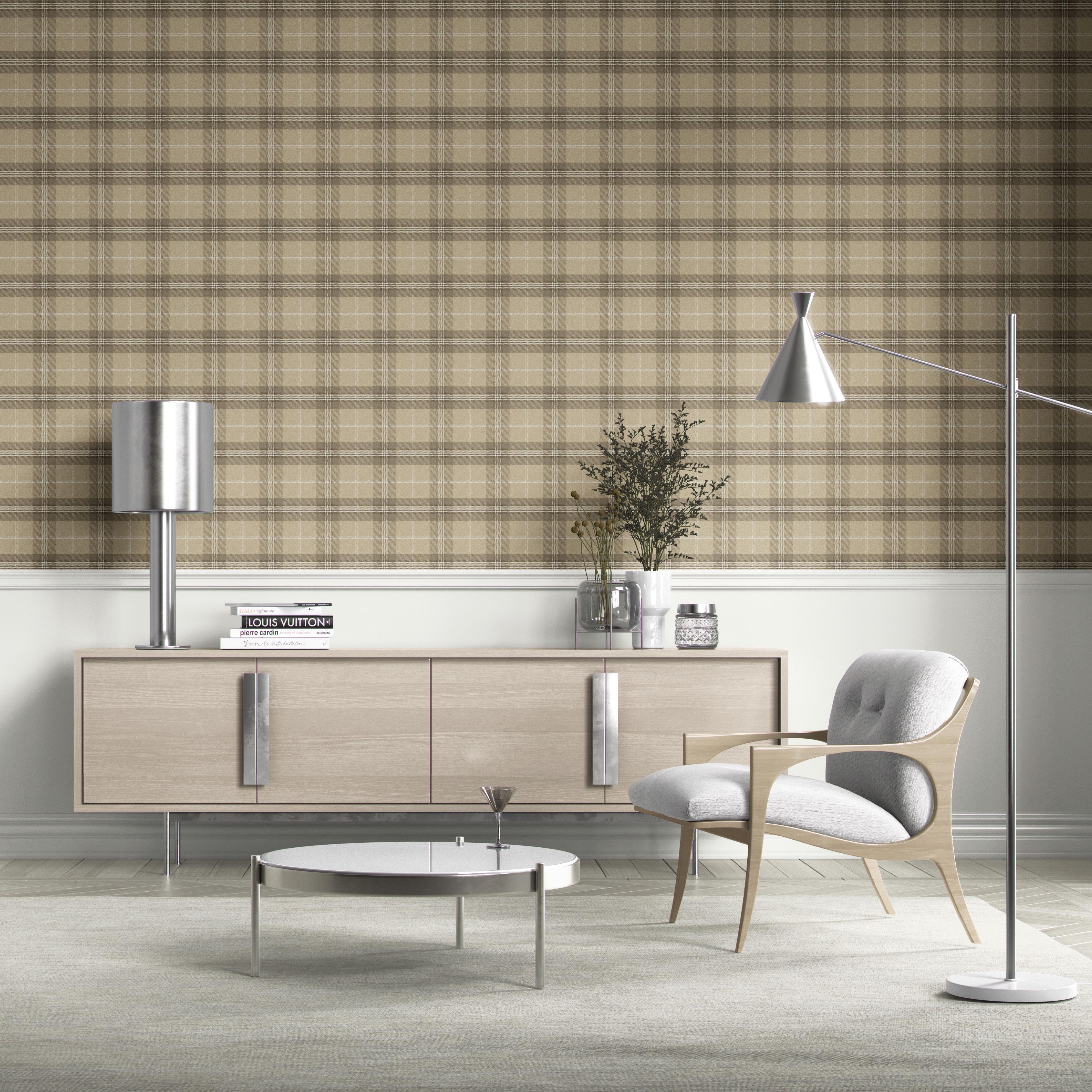 Neutral Geometric Plaid Checkered Kitchen Wallpaper Sample (Beige/ Brown/ Taupe)