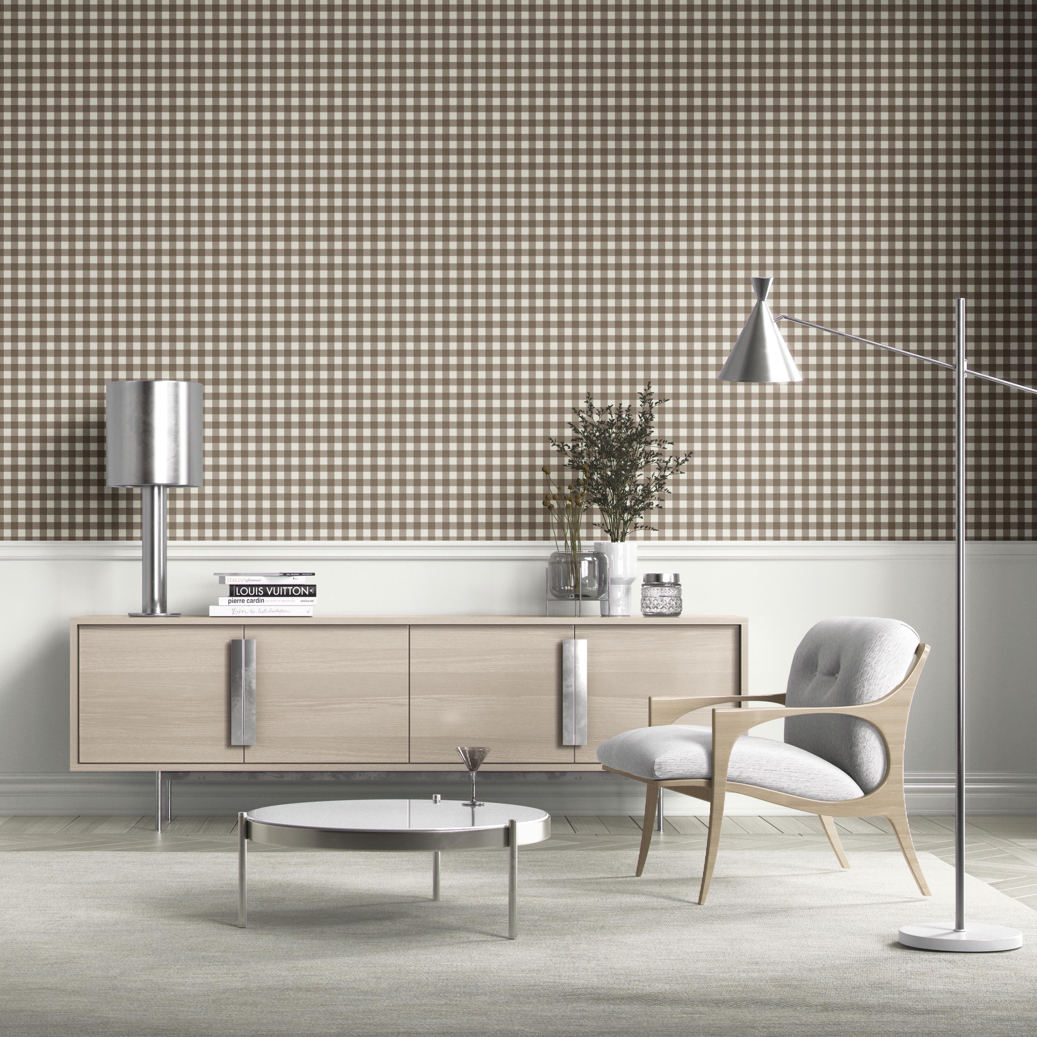Neutral Geometric Gingham Checkered Bathroom Wallpaper (Brown/ Taupe)