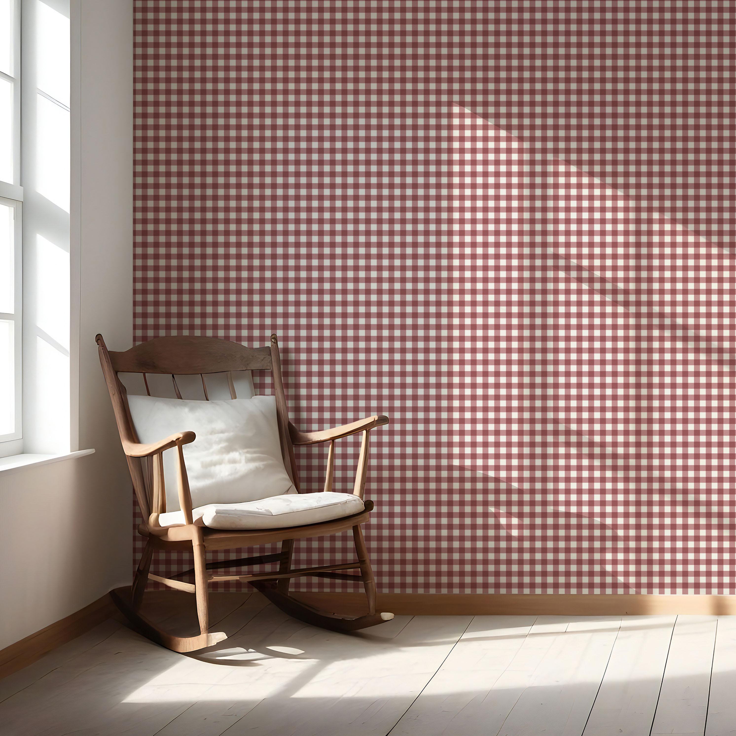 Geometric Gingham Checkered Nursery Wallpaper (Cranberry Red)