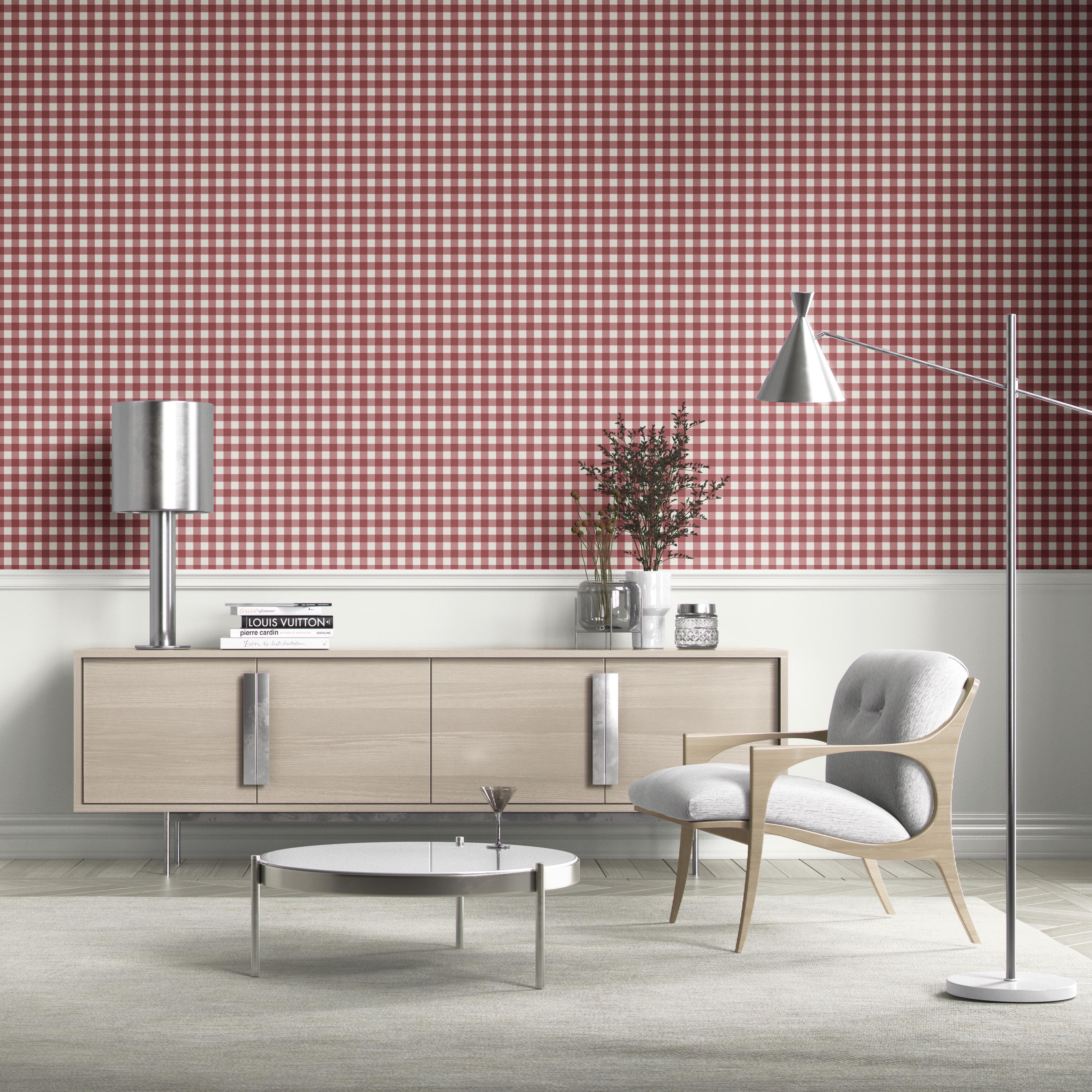Geometric Gingham Checkered Bathroom Wallpaper (Cranberry Red)