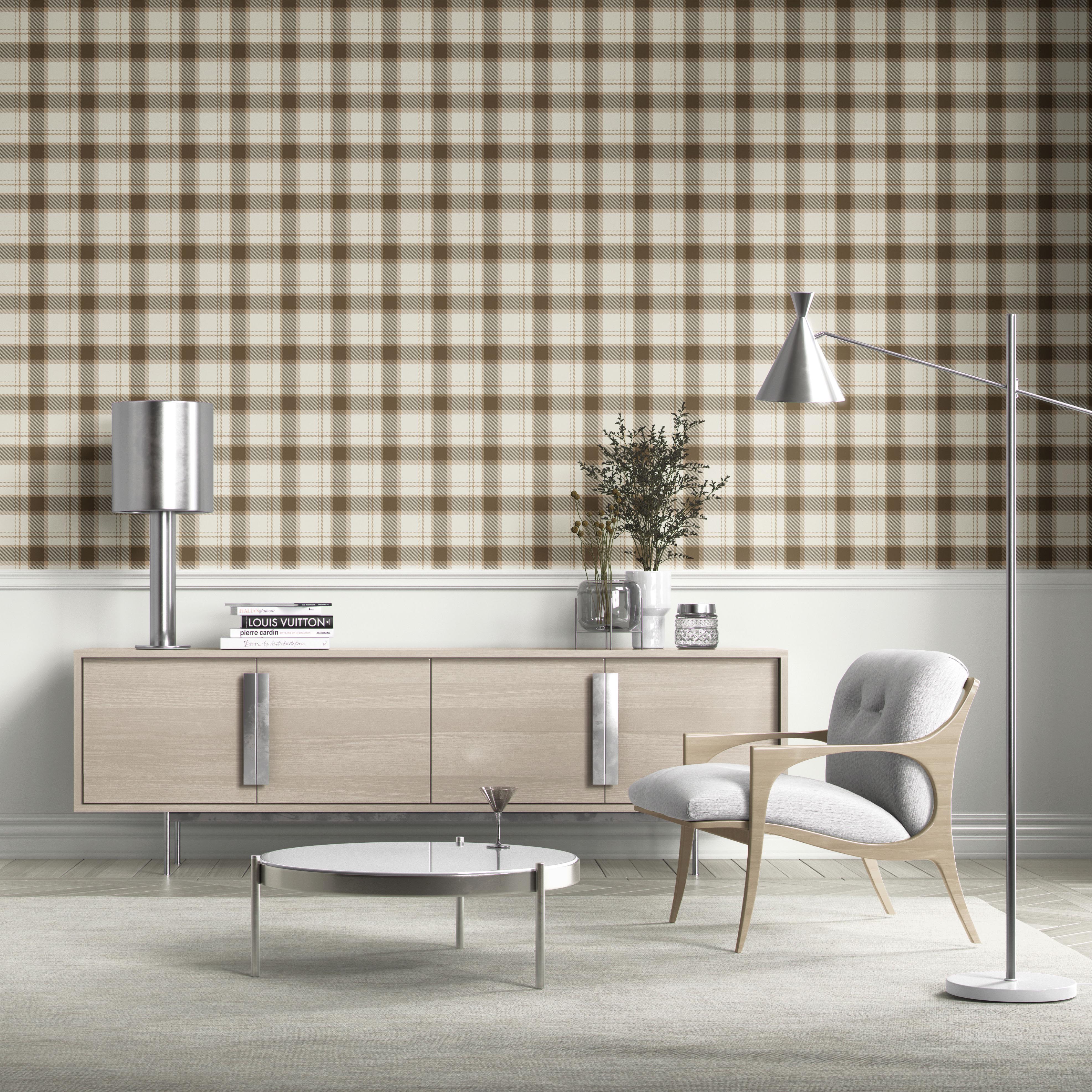 Neutral Geometric Plaid Checkered Kitchen Wallpaper Sample (Mocha Brown/ Beige/ Off-White)