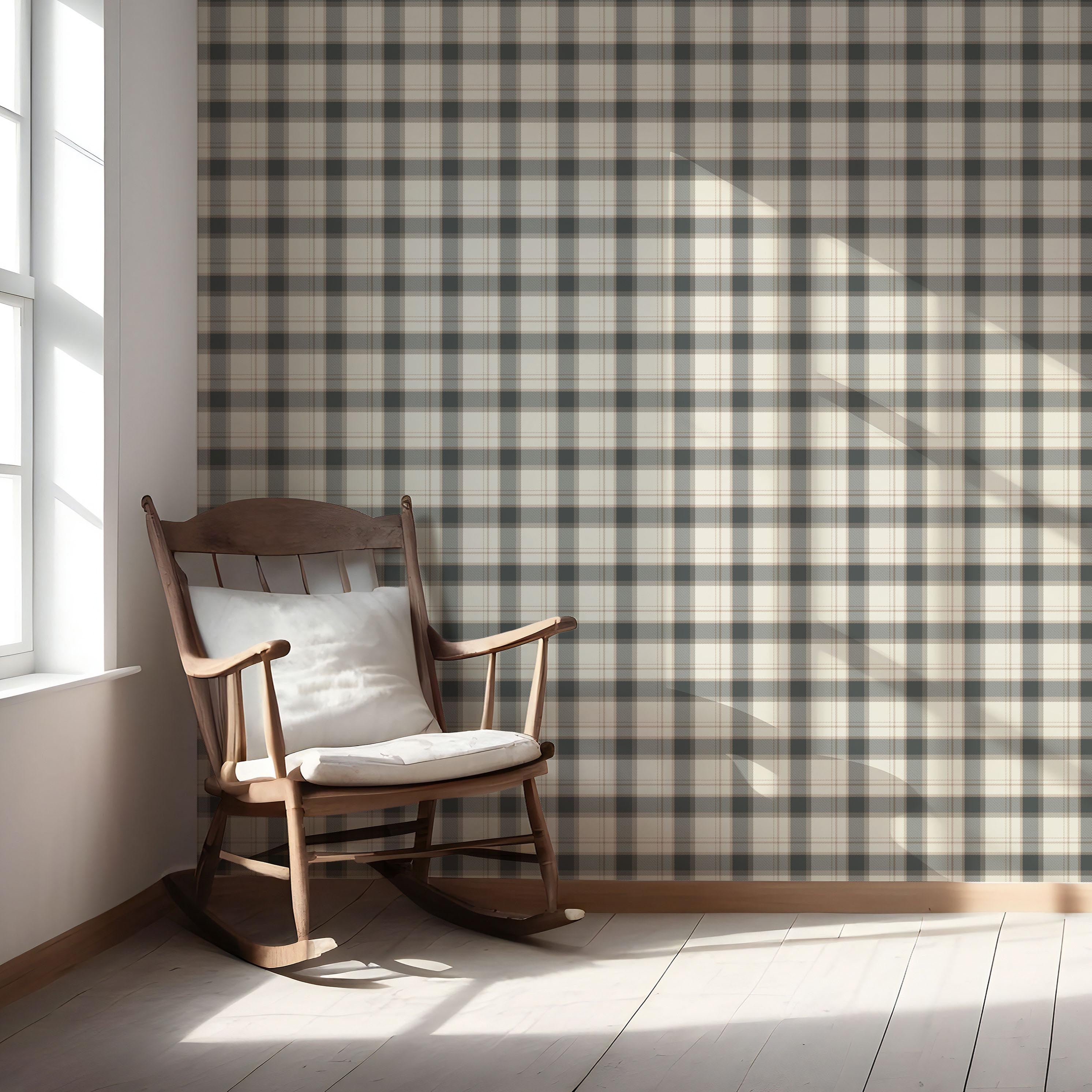 Neutral Geometric Plaid Checkered Nursery Wallpaper Sample (Charcoal Black/ Off-White/ Beige)
