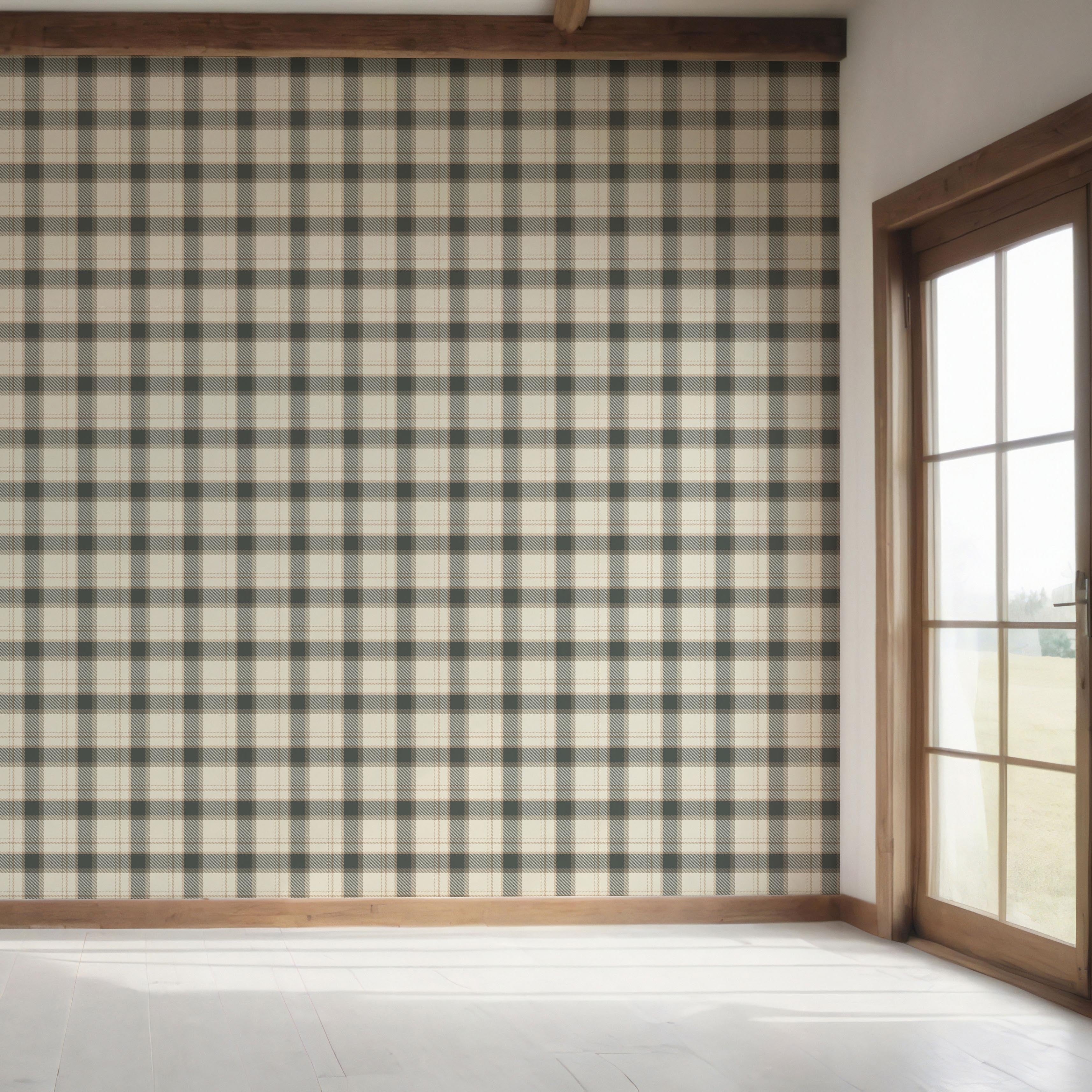 Neutral Geometric Plaid Checkered Bedroom Wallpaper Sample (Charcoal Black/ Off-White/ Beige)