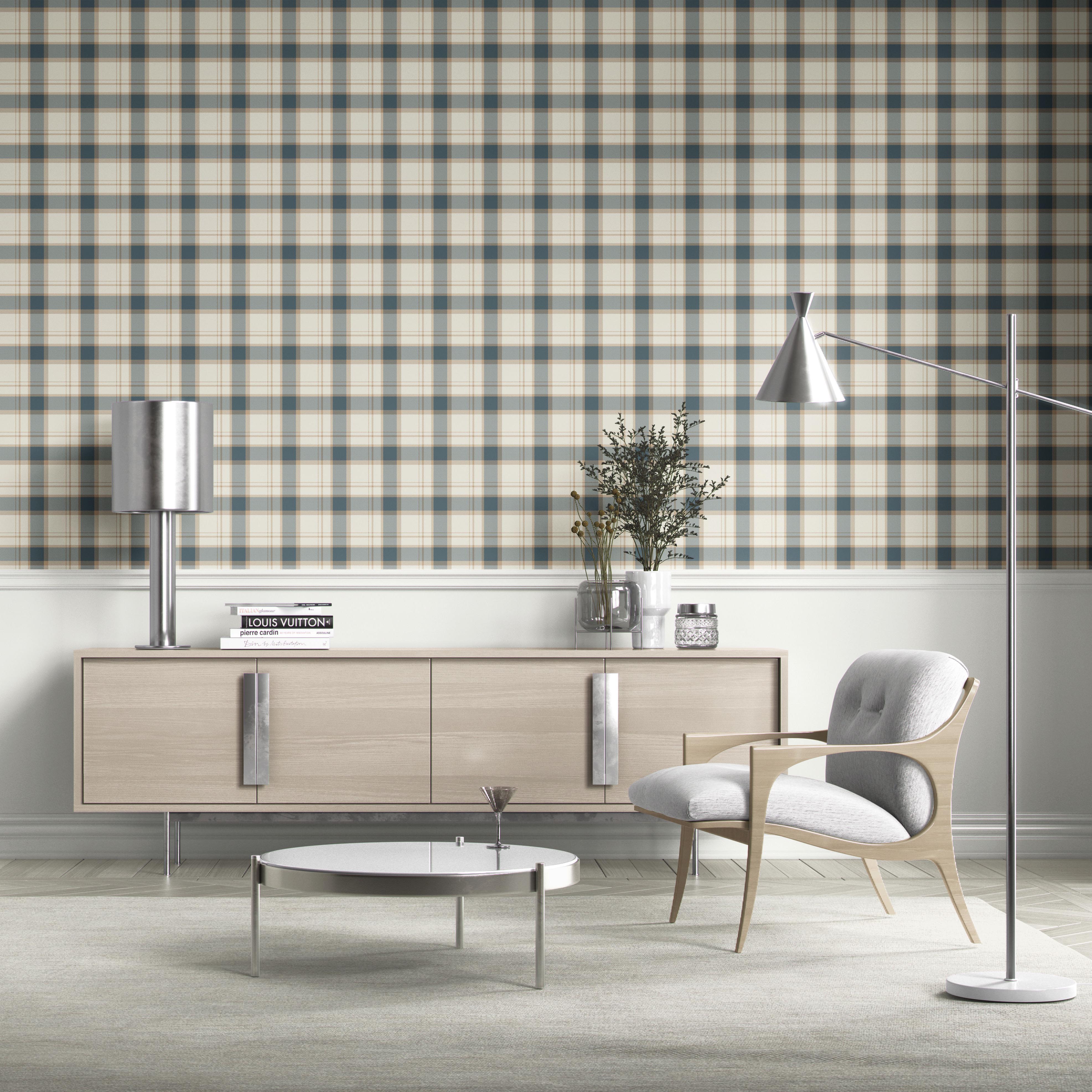 Neutral Geometric Plaid Checkered Kitchen Wallpaper (Teal Blue/ Off-White/ Beige)