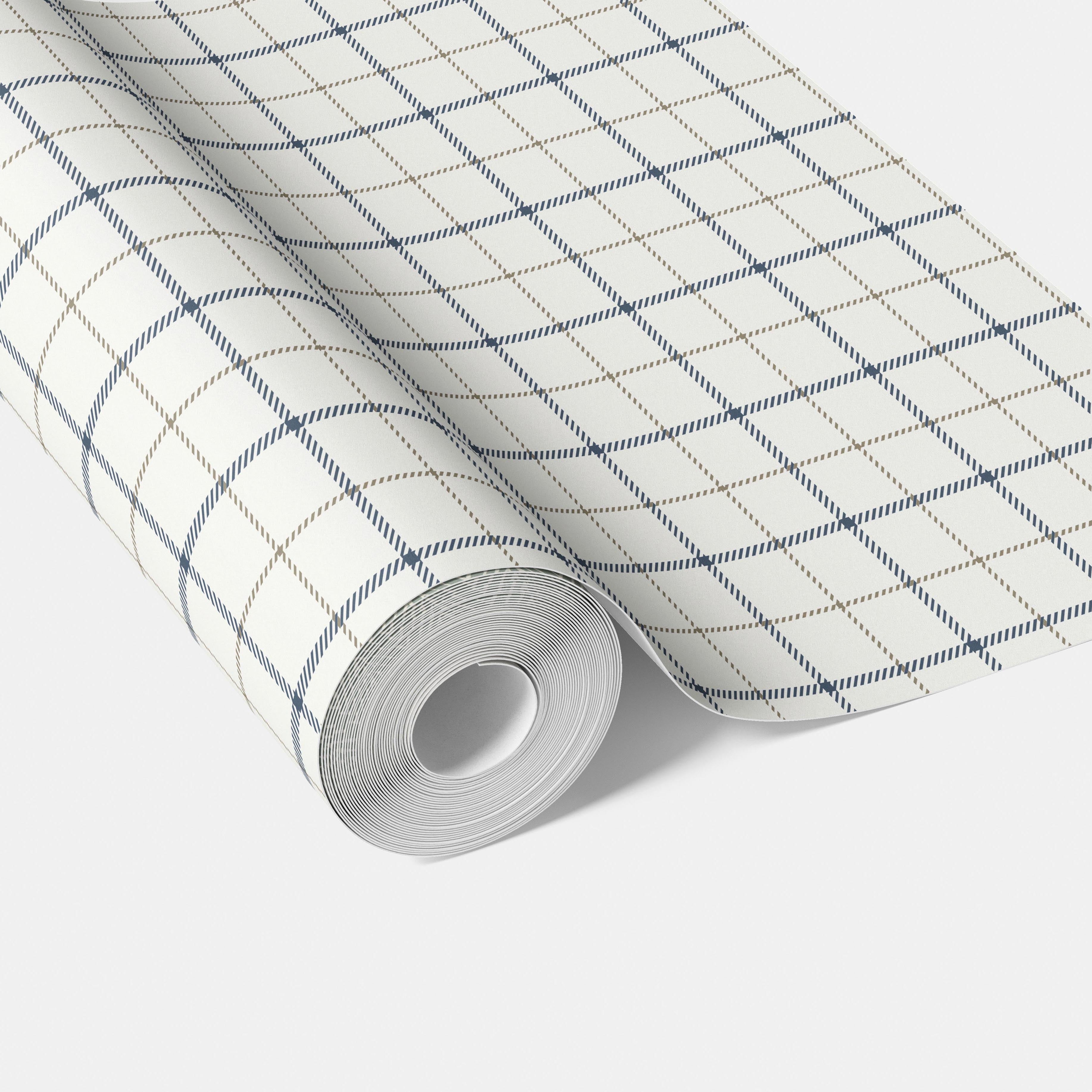 Windowpane Checkered/ Plaid Traditional Wallpaper Sample (Navy Blue/ White/ Taupe)