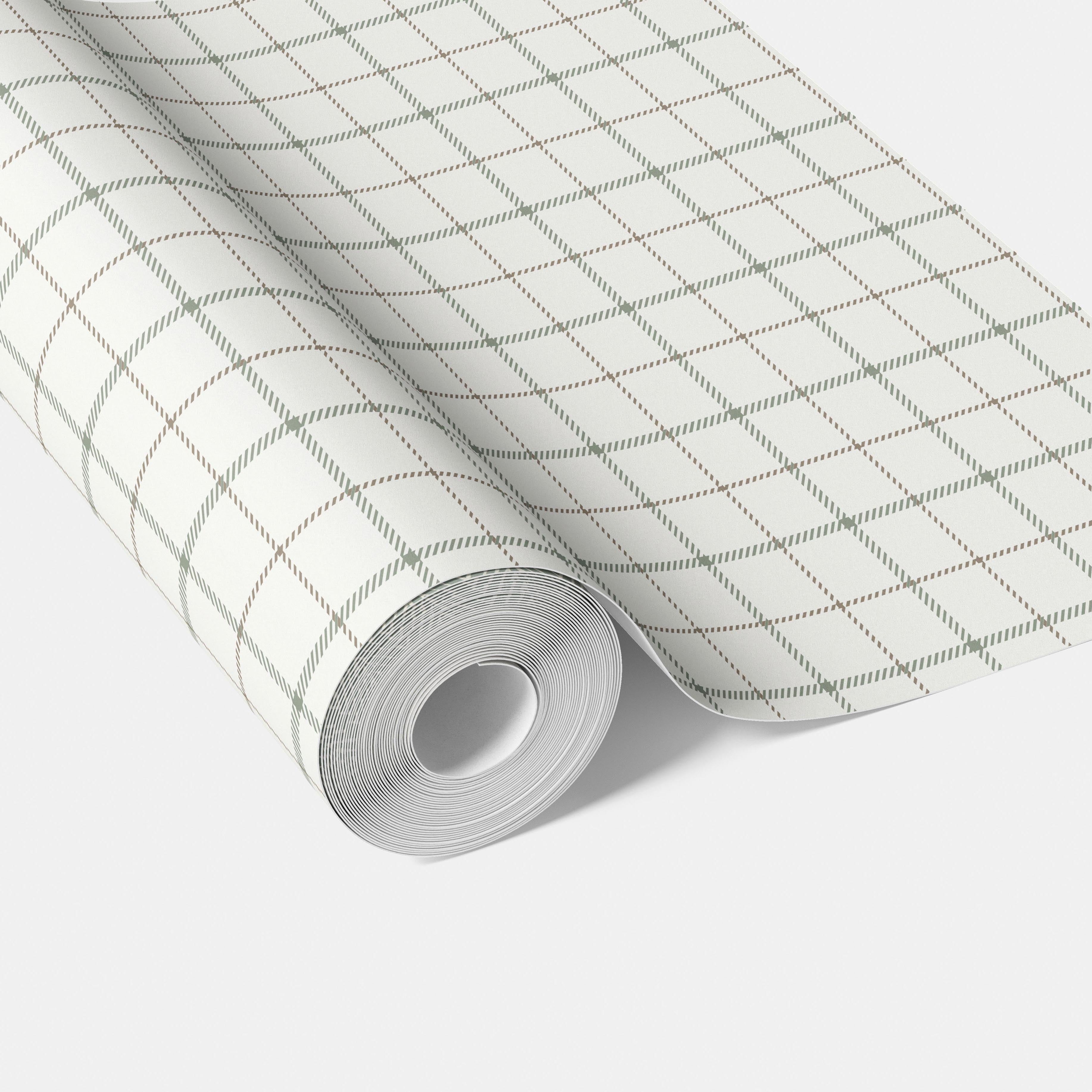 Windowpane Checkered/ Plaid Traditional Wallpaper Sample Green/ White/ Taupe
